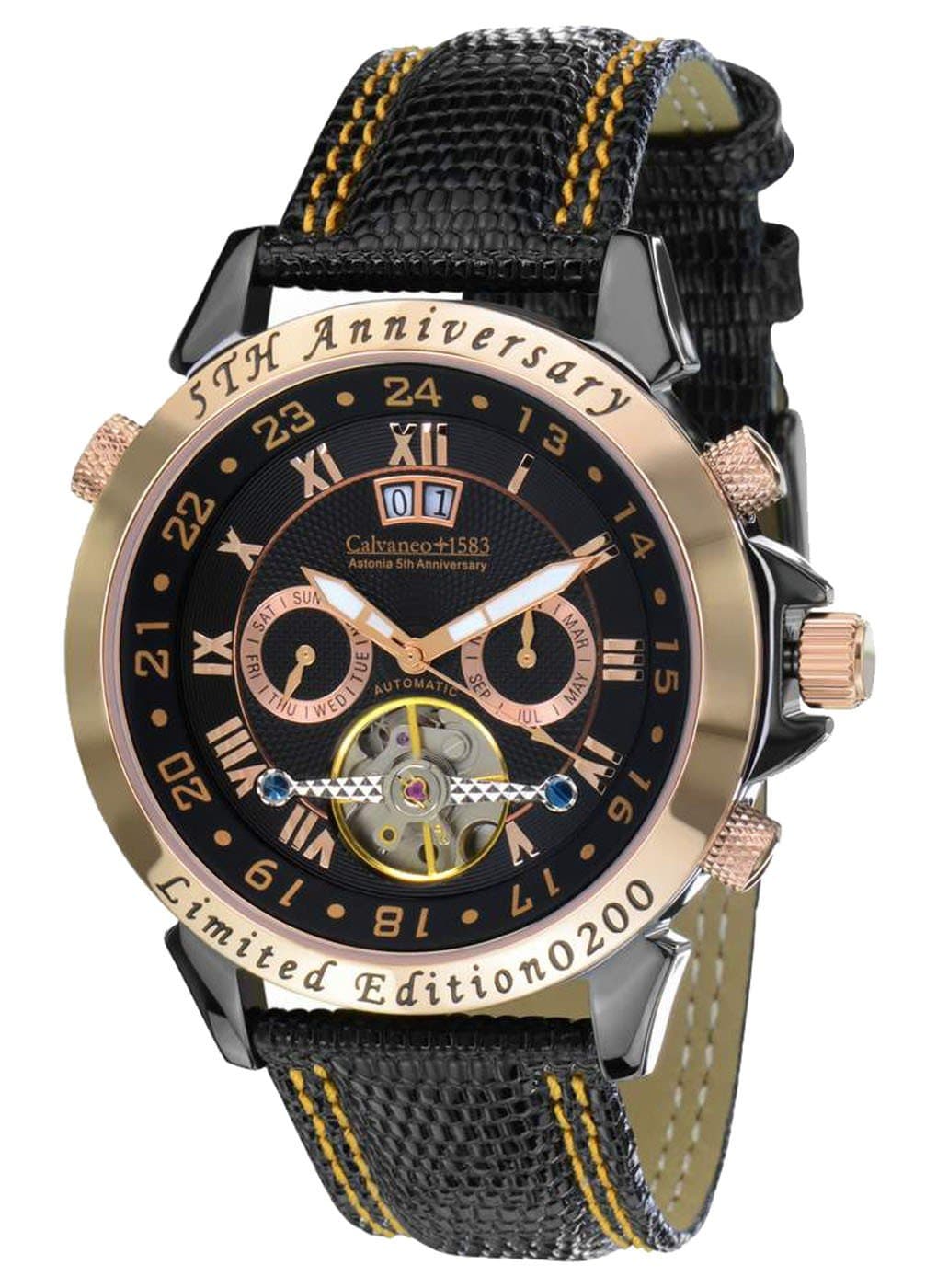 Calvaneo Herren-Armbanduhr Astonia 5th Anniversary Blacknight Rosegold Analog Automatikuhr Leder Schwarz 107641
