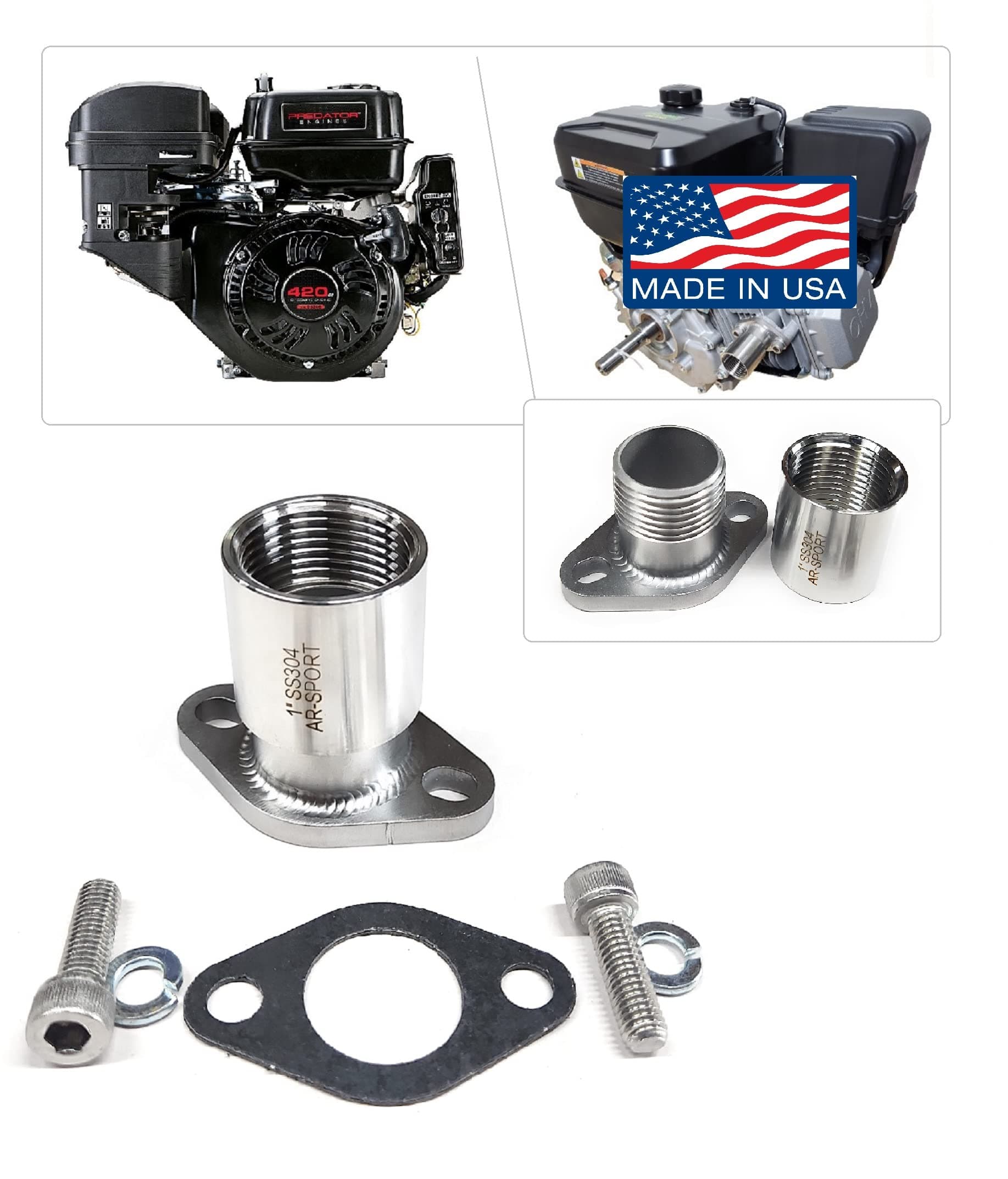 ARSPORT Exhaust Adaptor Male & Female 1" Flange for: Predator 420cc & 301cc, Hond GX 240, 270, 390