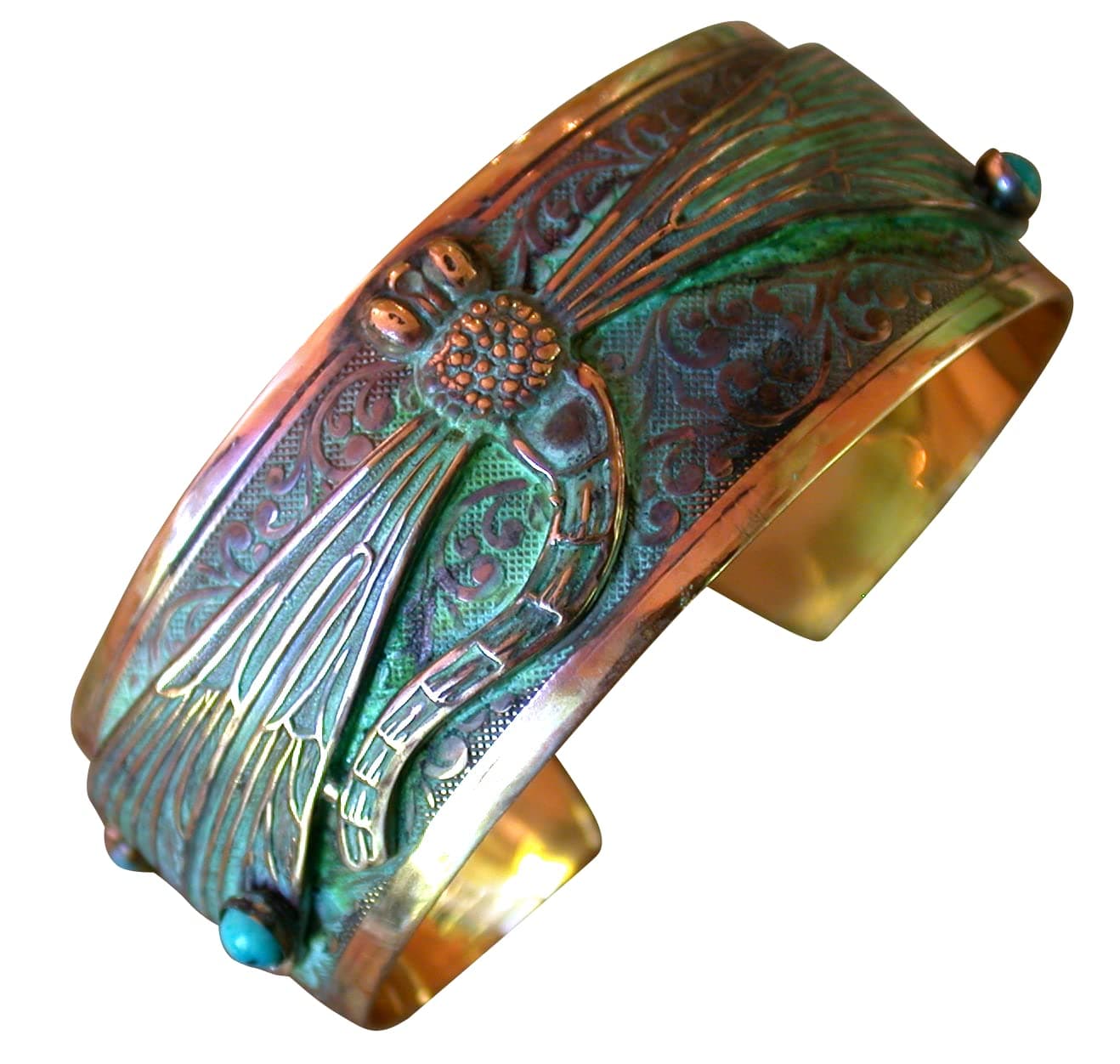 Elaine Coyne Collectible ArtwearElaine Coyne Verdigris Patina Dragonfly Cuff Bracelet - Amethyst and Garnet