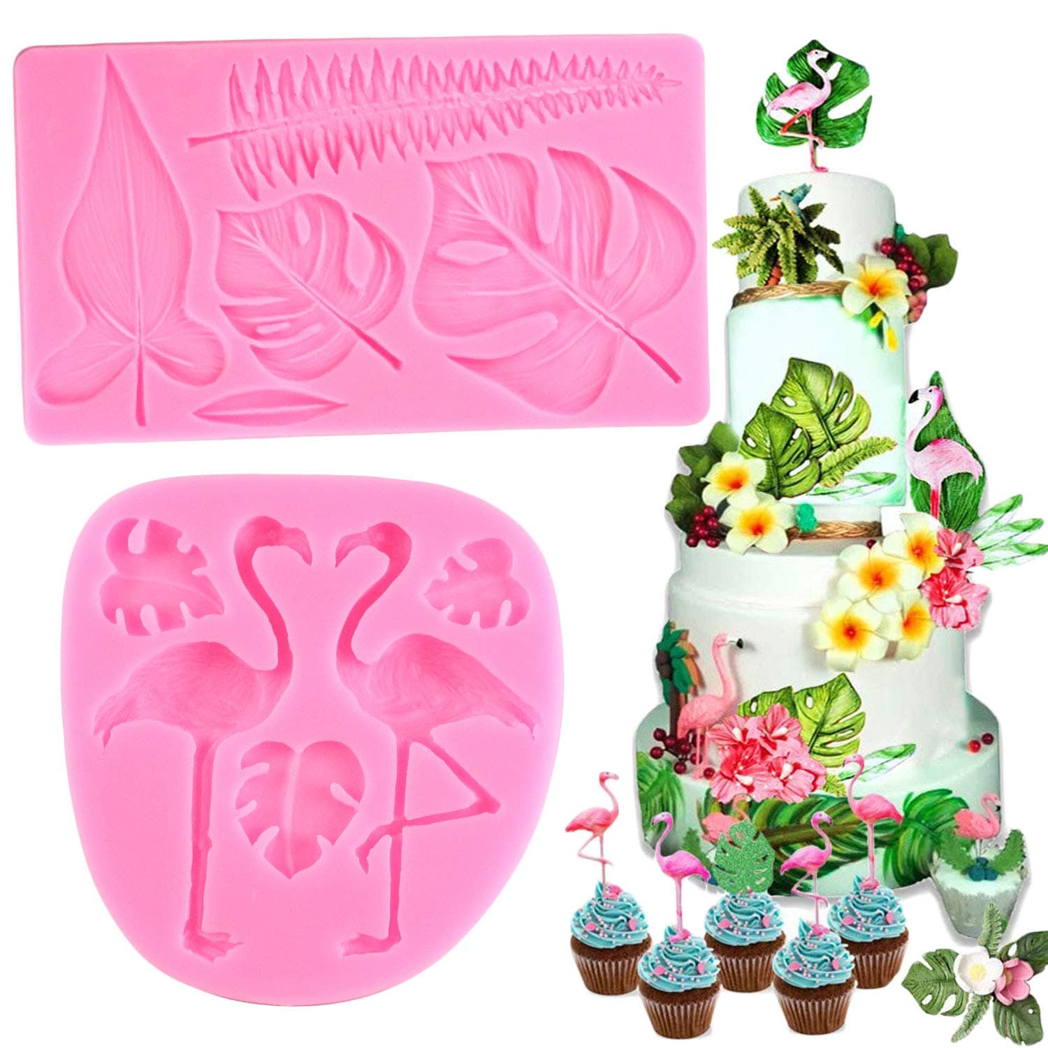 ZiXiang Tropical Leaf Flamingo Silicone Mold Monstera Leaves Fern Leaf Fondant Molds For Cake Decoration Cupcake Topper Candy Polymer Clay Chocolate Gum Paste Set Of 2
