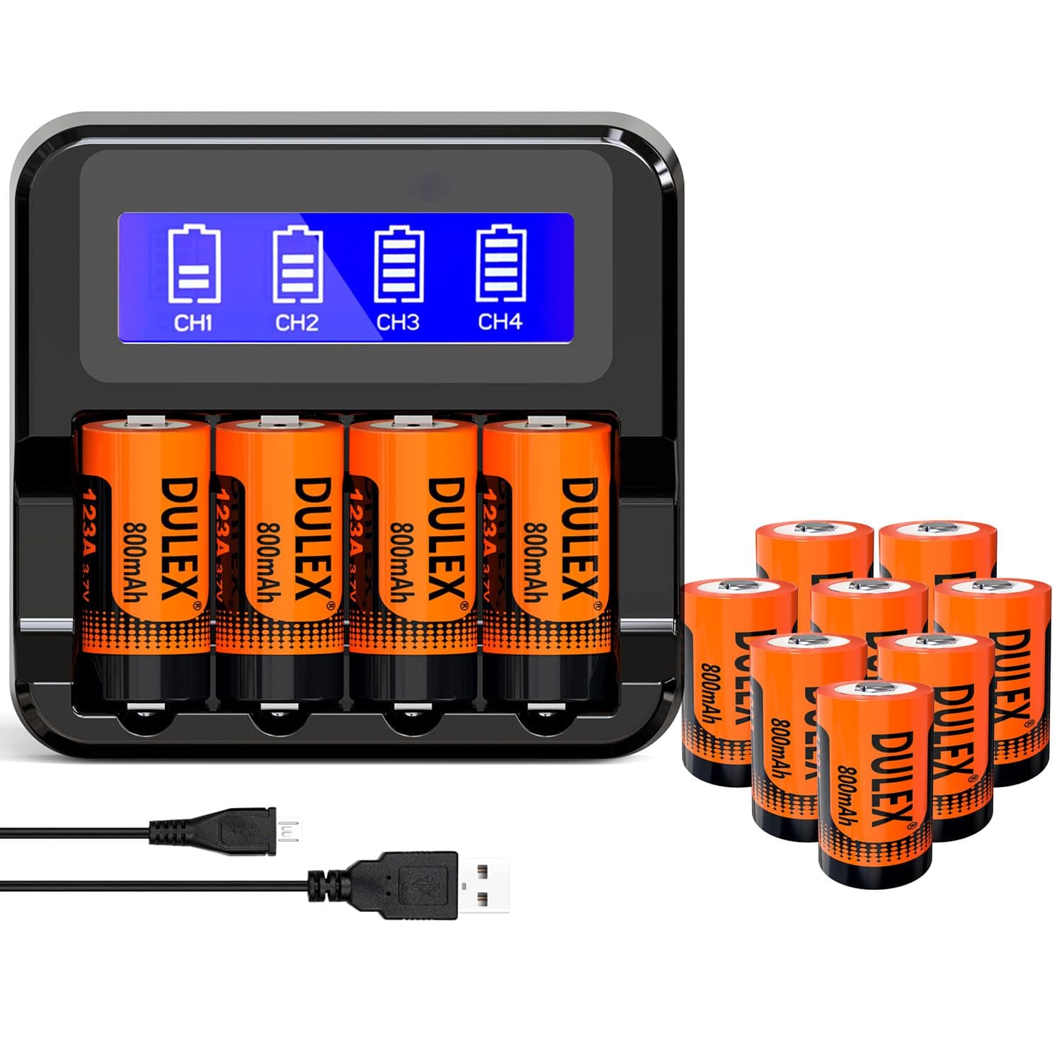 DULEX 8-Pack 123A Rechargeable Batteries Replacement CR123A Lithium Batteries and Charger Compatible with Arlo VMS3130 VMC3030 3200 3330 3430 3530 Security Cameras, Alarm System, Flashlight