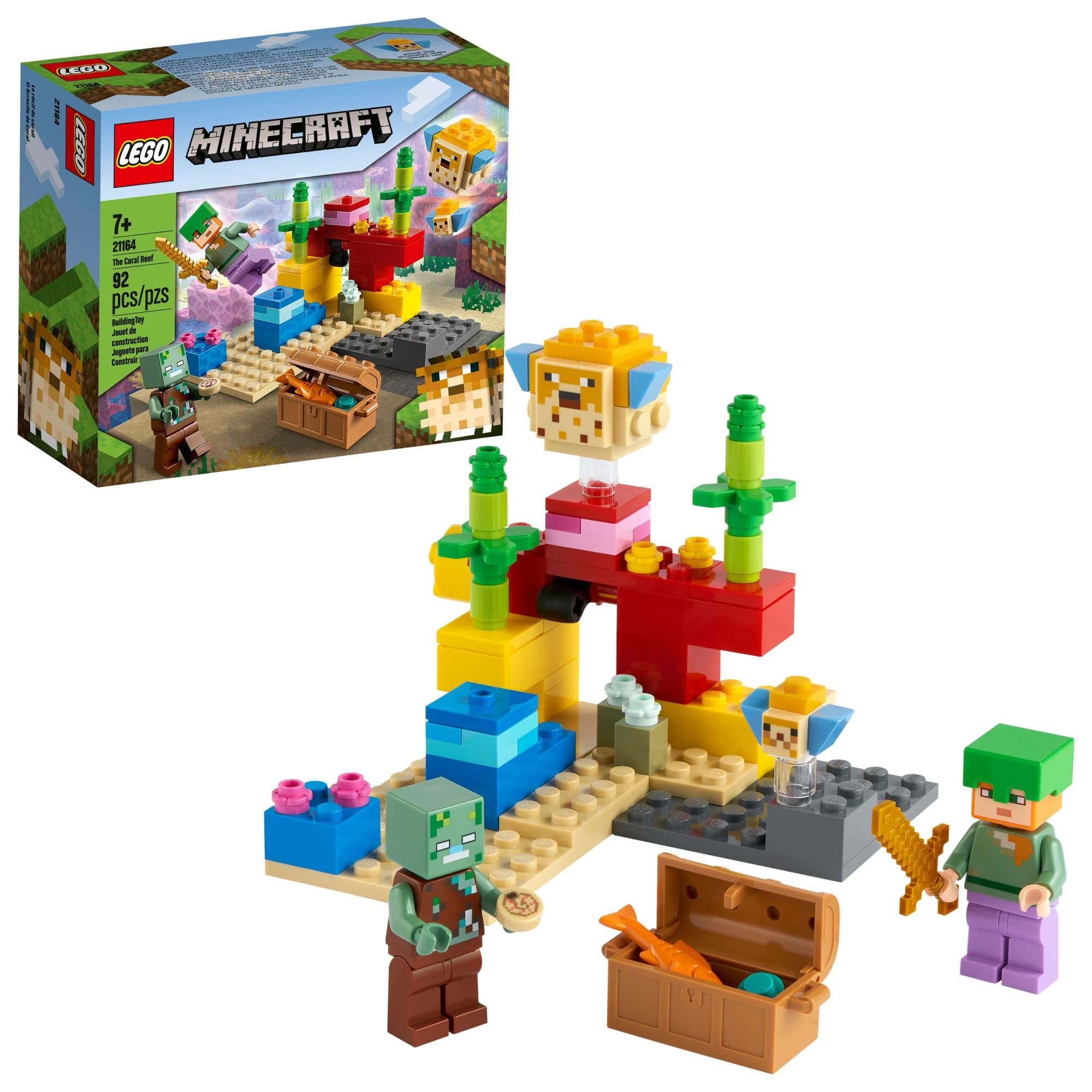 Minecraft The Coral Reef 21164 Hands-On Minecraft Marine Toy Featuring Alex, A Drowned And 2 Cool Puffer Fish, New 2021 (92 Pieces)