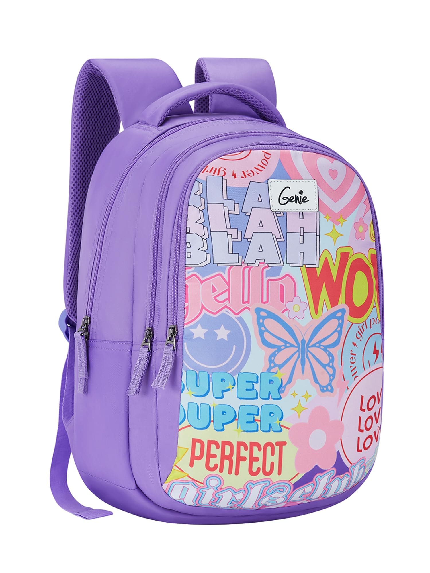 Genie Summer School Bag For Girls, 17 Inch. Pastel Lavender Colour Backpack For Women, 3 Compartments Water Resistant Stylish And Trendy College Backpacks For Girls. 27 Litres