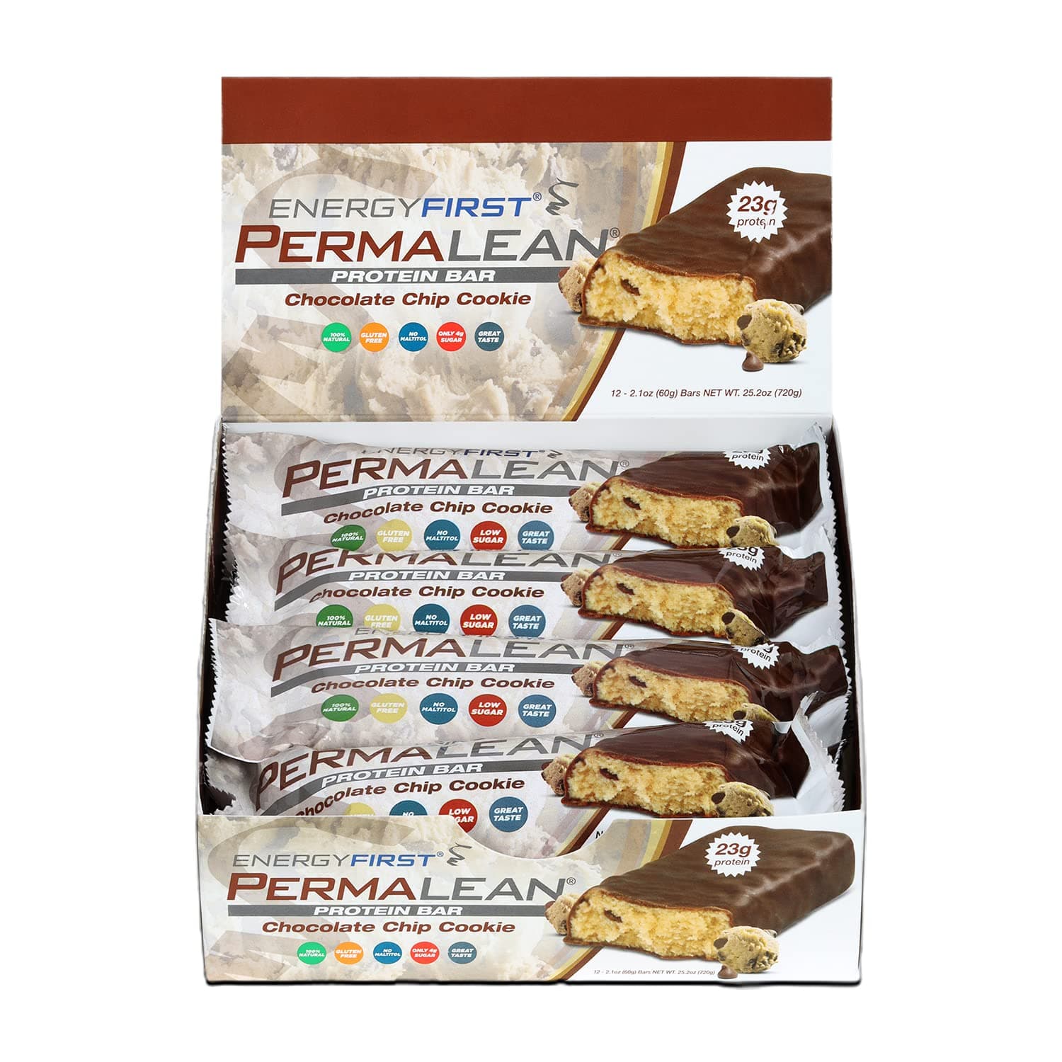 EnergyFirst Permalean 100% Natural Protein Bars Chocolate Chip Cookie, 12 Count, 23g of protein, 4g of Sugar, Gluten Free, Keto, Paleo, No Maltitol, Meal Replacement Bars, Low Carb Breakfast Bars