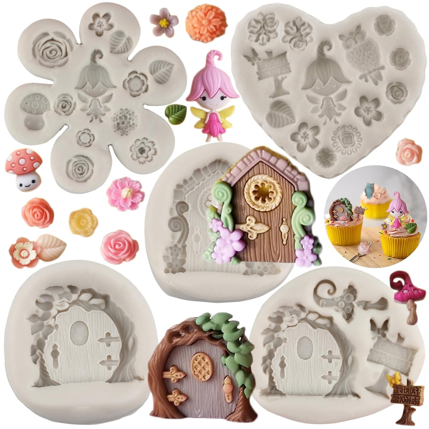 Enchanted Vintage Fairy Garden Fairy Gnome Home Door Window Silicone Moulds Flower Leaf Mushroom Fondant Mould for Cake Decorating Cupcake Candy Chocolate Gum Paste Set of 5