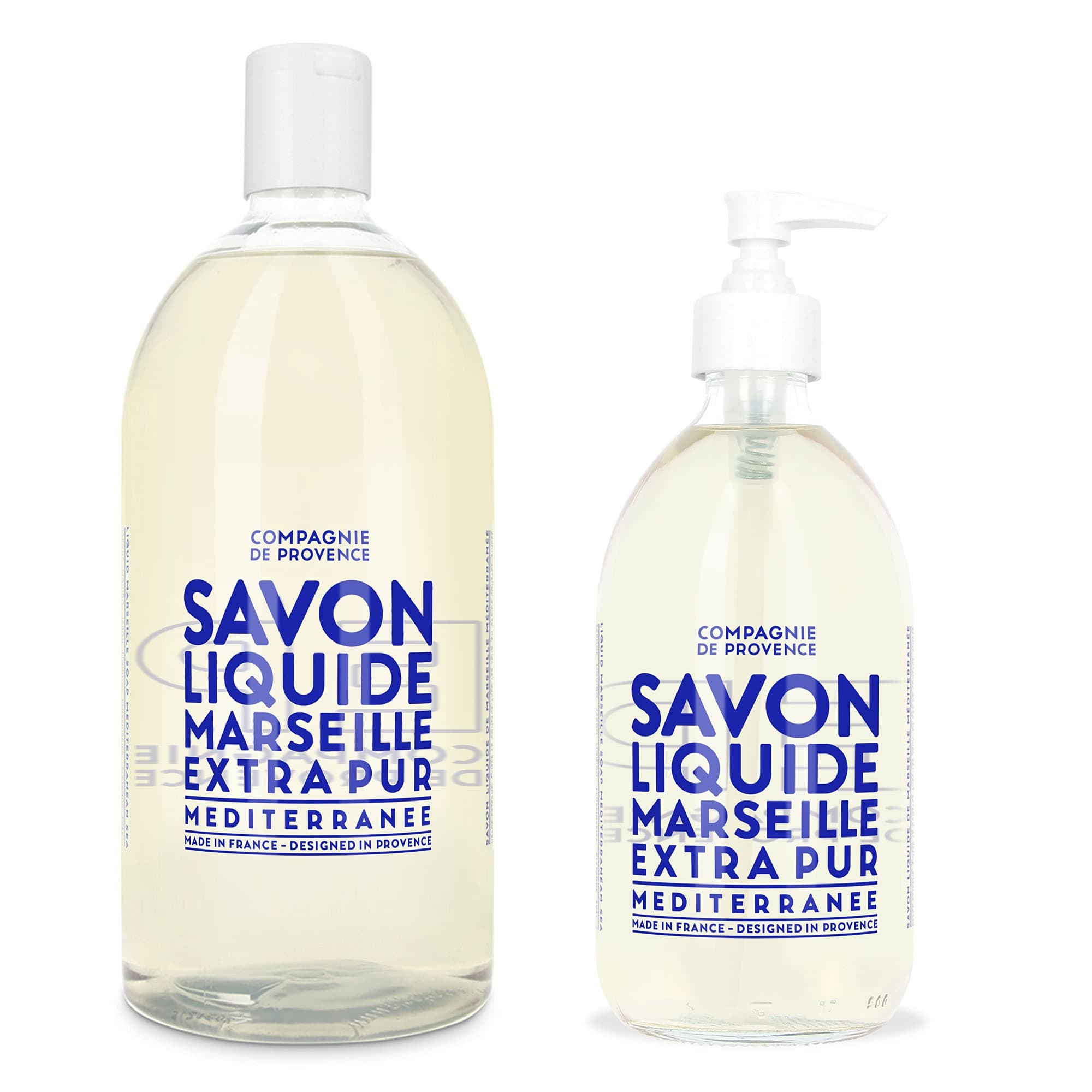 Compagnie de Provence Savon de Marseille Extra Pure Liquid Soap - Mediterranean Sea - 16.7 Fl Oz Glass Pump Bottle and 33.8 fl oz Plastic Bottle Refill