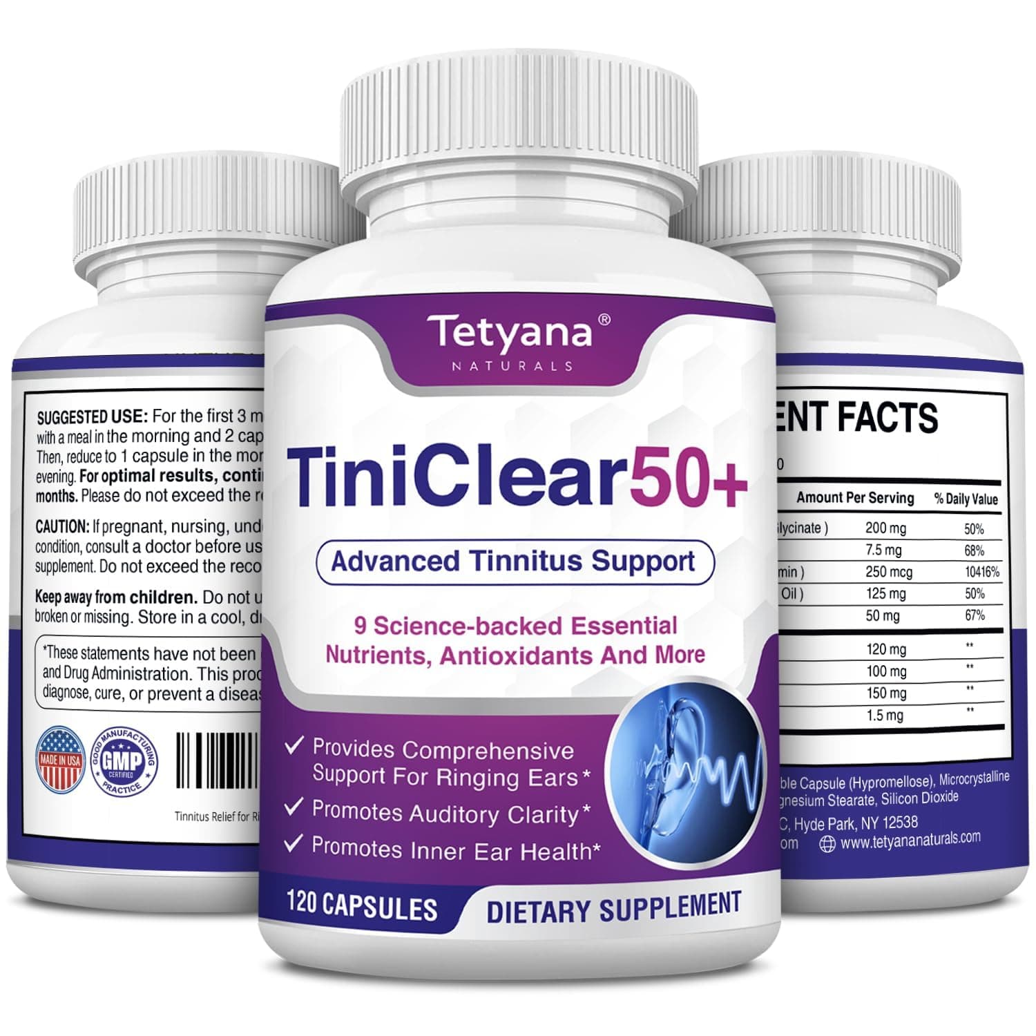 Tinnitus Relief for Ringing Ears Supplement: Natural Hearing Health Formula – Flavonoid-Free, with Vitamins, Melatonin, Ginkgo Biloba & Magnesium – for Men & Women, 120 Capsules, Made in USA