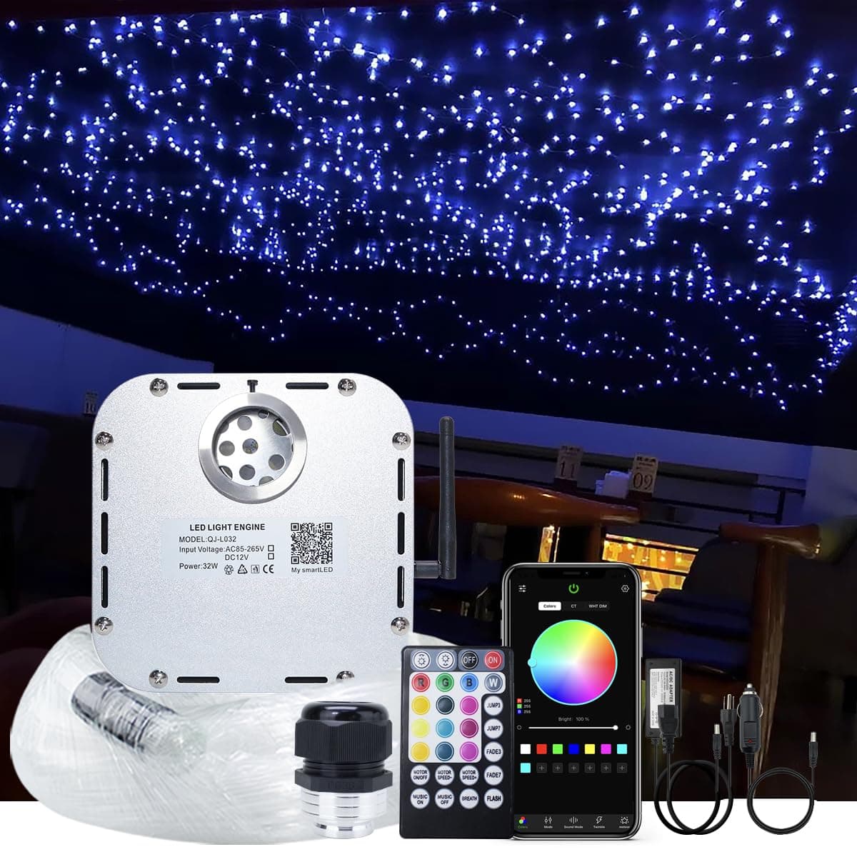 Car Home Use 32W RGBW Twinkle+ Sound Activated+ APP Fiber Optic Lights Kit Star Ceiling Sky Light with Total 800pcs in 13.1ft/4m + 9.8ft/3m Long Optical Fiber Cable for Indoor or Interior Decor