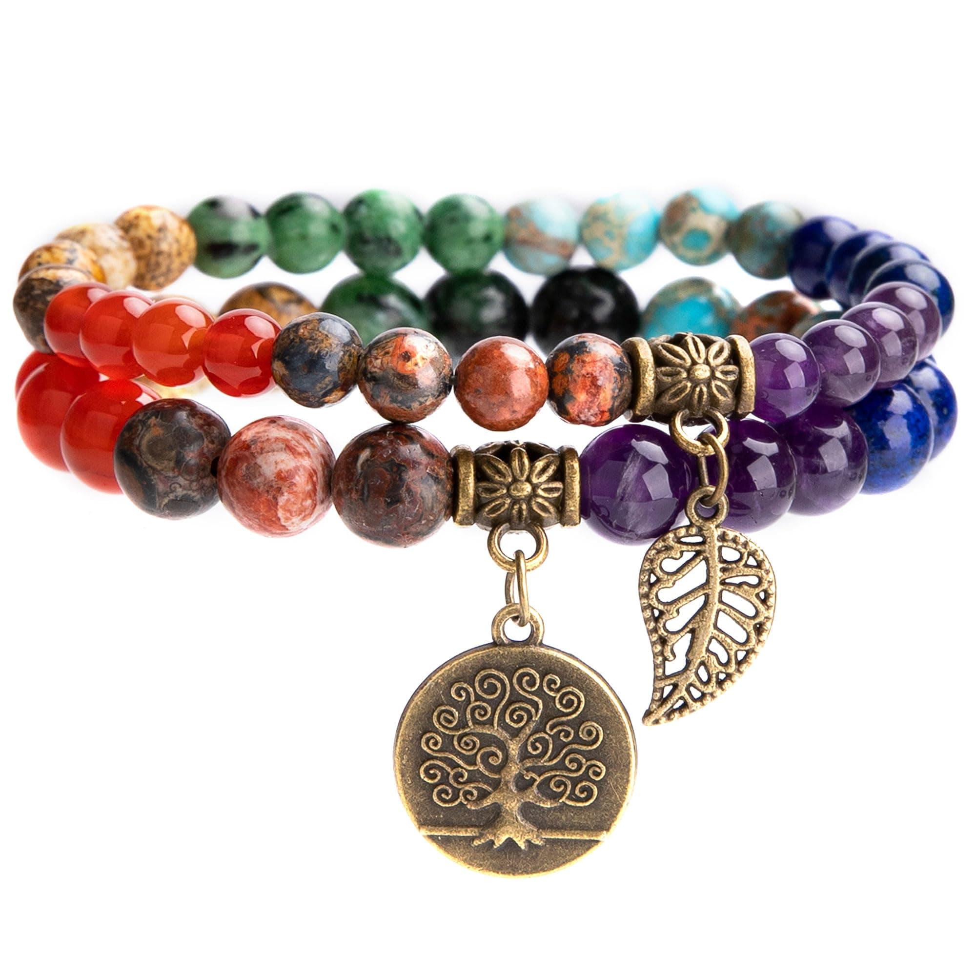 Natural Semi Precious Gemstone Beads Bracelet for Women - Tree of Life and Leaf Charm Chakra Energy Healing Anxiety Stretch Bracelets