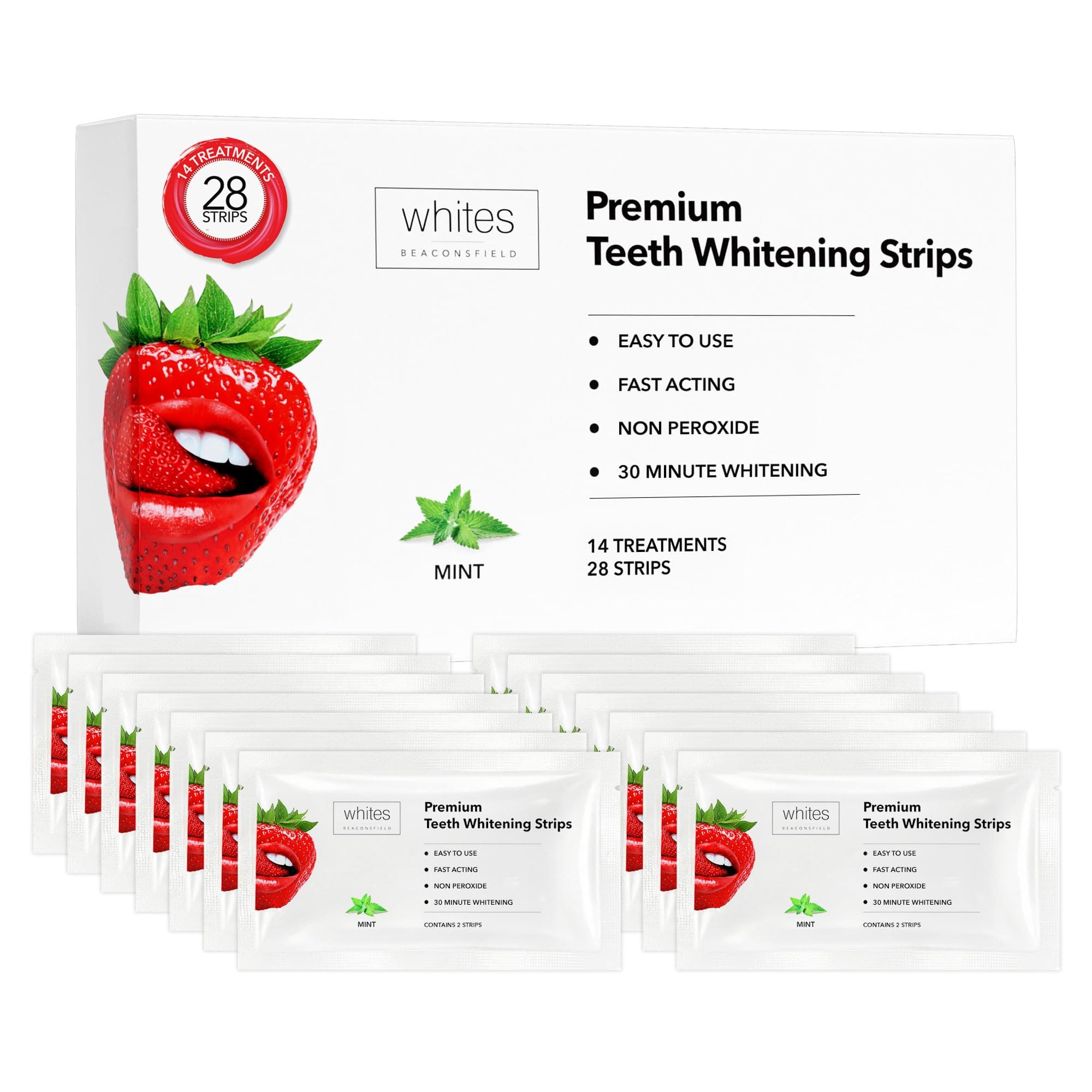 Whites Beaconsfield Teeth Whitening Strips, 28 Strips (14-Day Treatment) – Non-Peroxide Formula, Enamel-Safe, Brighten Teeth Fast, Removes Coffee, Wine, Smoke Stains, Safe for Sensitive Teeth