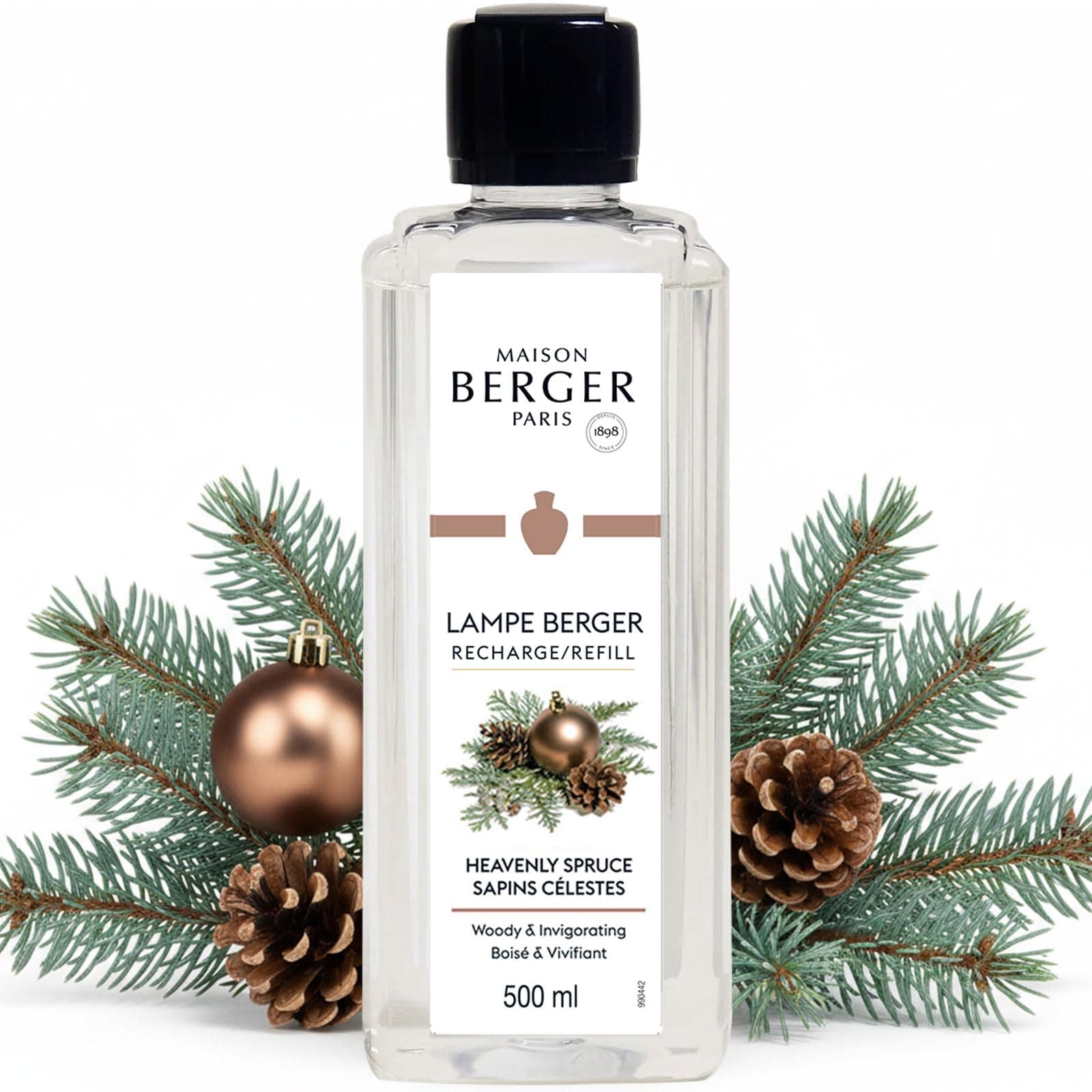 MAISON BERGER Heavenly Spruce Lampe Berger Refill, 500 ml (16.9 fl oz), 2-in-1 Catalytic System, Neutralizes Odors and Diffuses Fragrance, Fir Tree, Pine Notes, Made in France