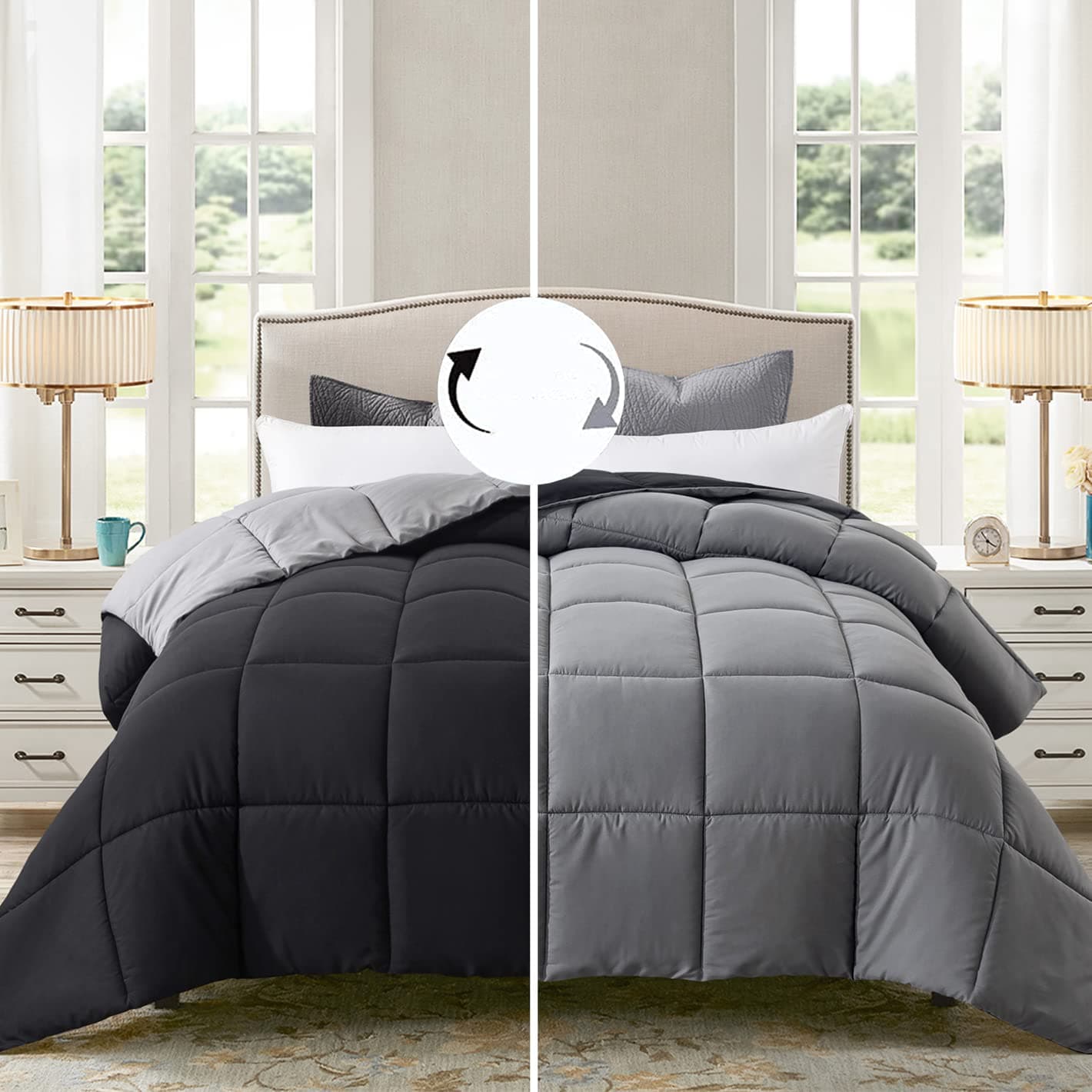 ELNIDO QUEEN® All-Season Reversible Down Alternative Quilted Comforter- Corner Duvet Tabs-Machine Washable-Duvet Insert or Stand – Alone Lightweight Comforter- Black/Gray -King Size(102×90 Inch)