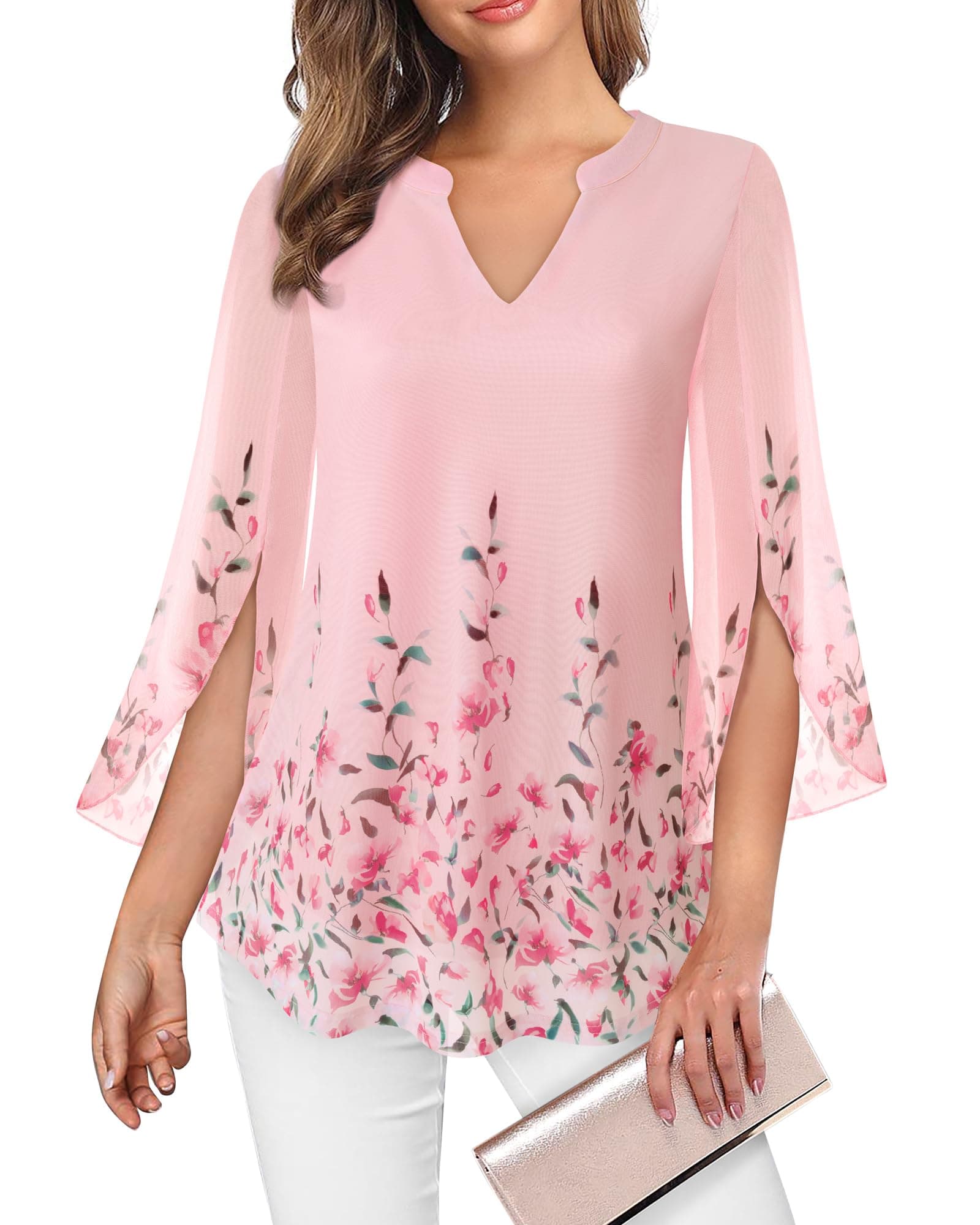 Women's 3/4 Sleeve Floral Tunic Tops V Neck Double Layers Loose Fit Mesh Blouses Shirt
