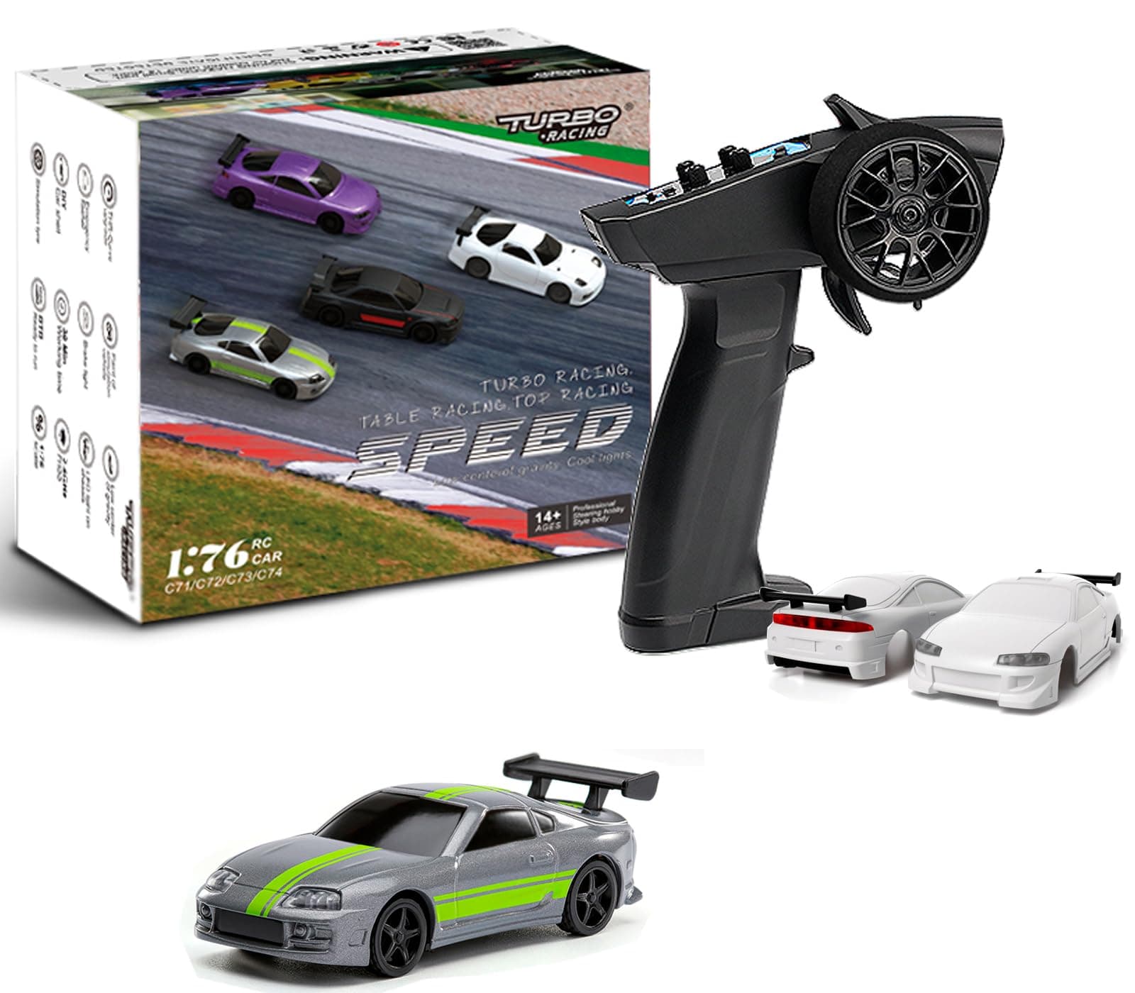 Turbo 1/76 Scale Mini RC Car with 2.4G Remote contorl Classic LED Lights Full Proportional Vehicles Models (C73-Grey)