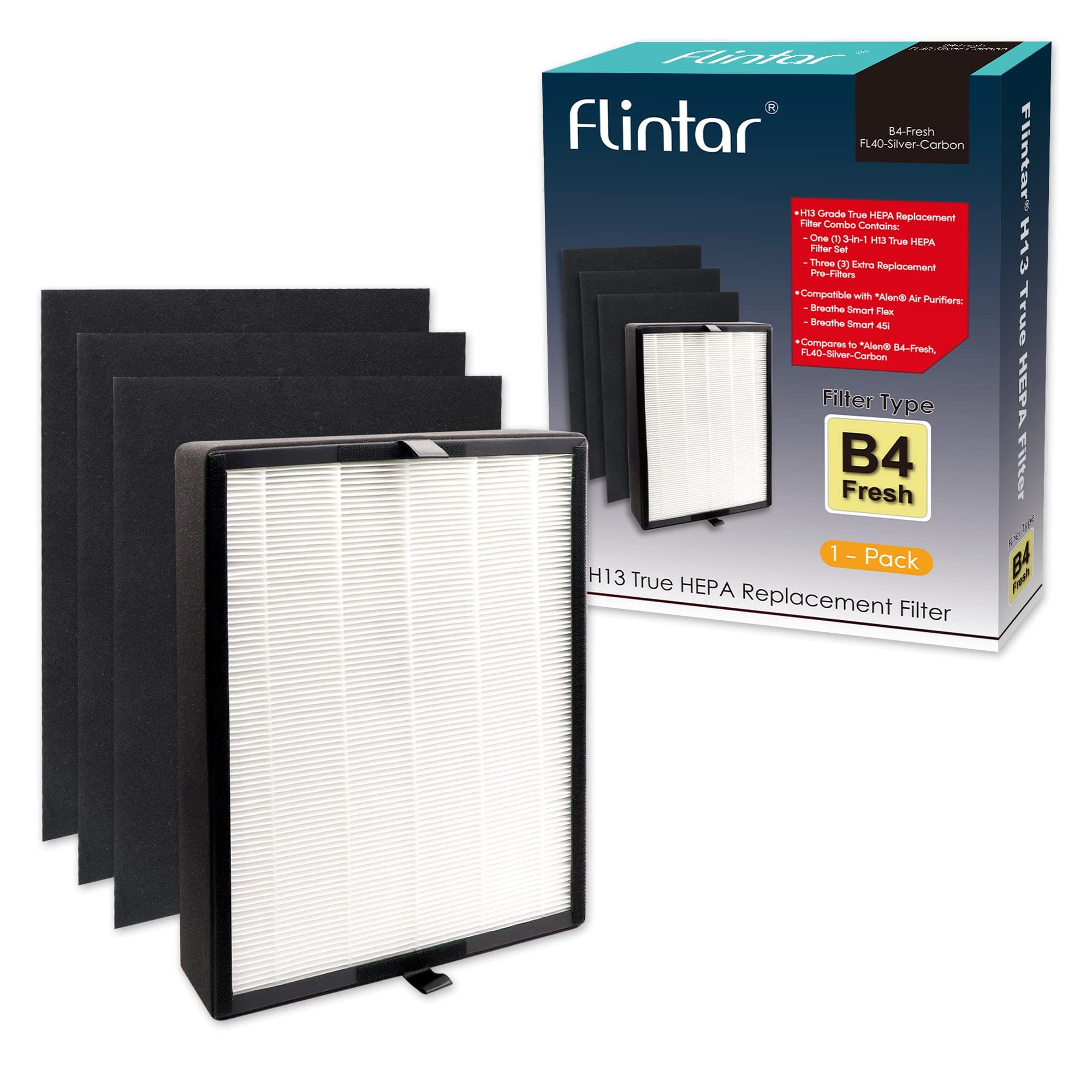 True HEPA Replacement Filter, Compatible with Alen BreatheSmart Flex and 45i Air Purifier, H13 Grade True HEPA, Plus 3 Replaceable Pre-Filters, Part # B4-Fresh (1-Pack)