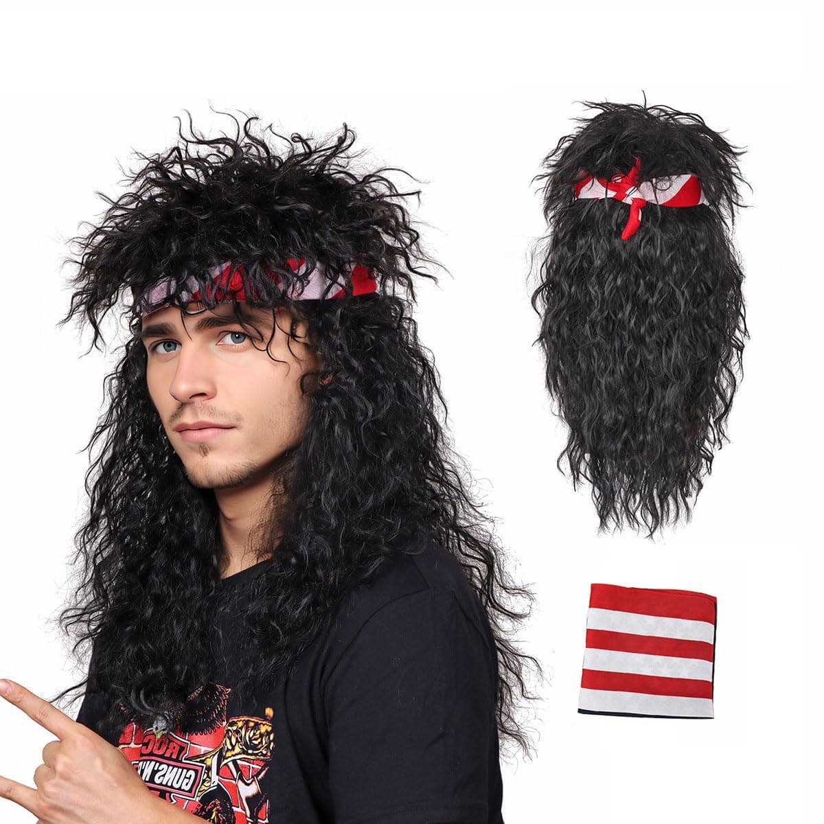 FantaLook 80s Wig with Bandana for Men Long Curly Black Rocker cosplay wig for Halloween