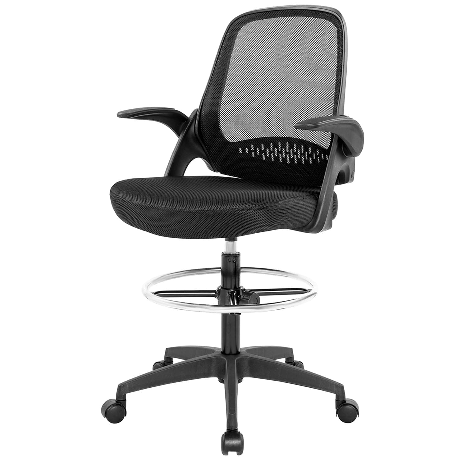 Mid Back Mesh Drafting Chair Office Chair Desk Chair Adjustable Height with Lumbar Support Flip Up Arms Rolling Swivel Computer Chair for Women Men Adults,Black