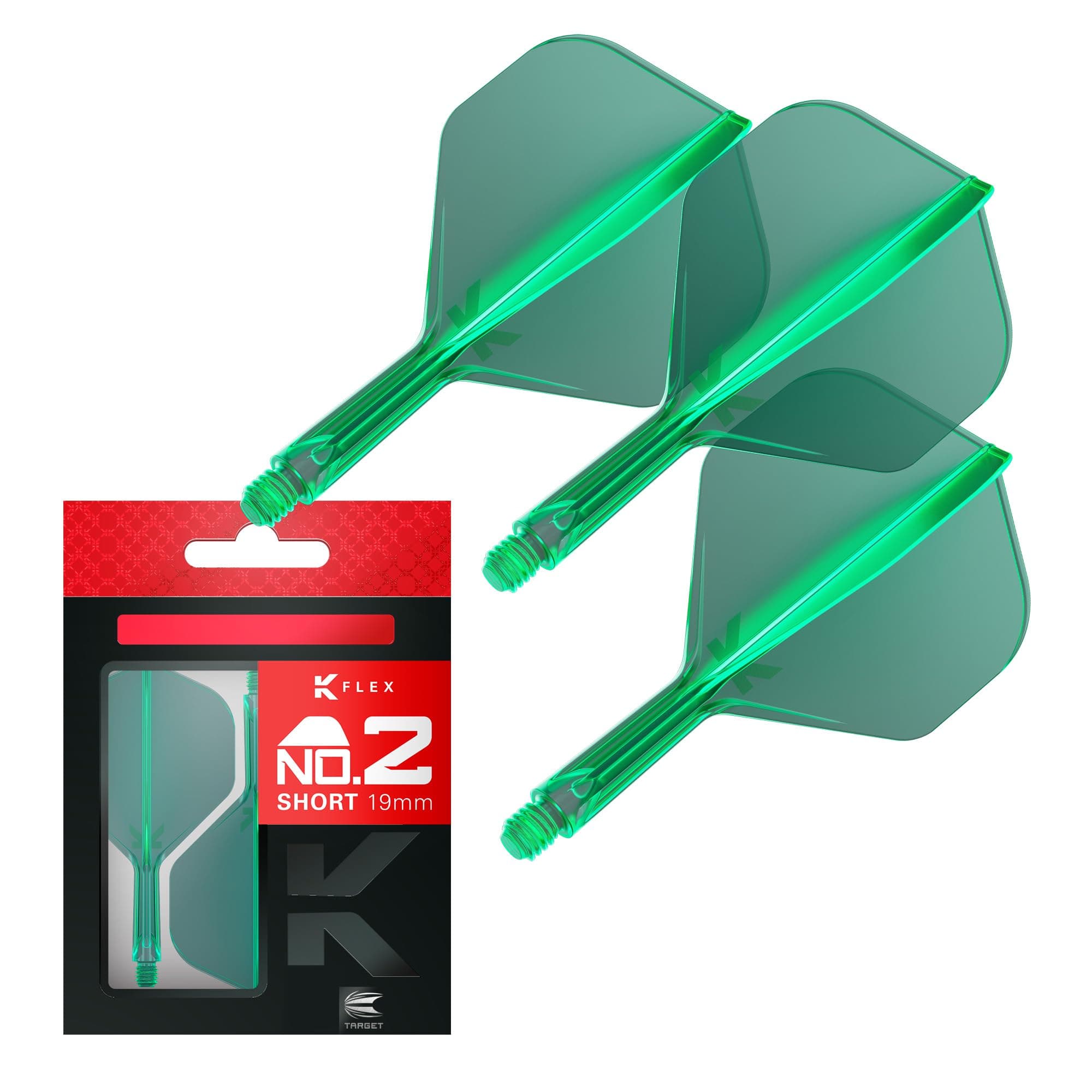 TARGET Darts K Flex Integrated Dart Flight And Shaft, No.2 Green (Short) | Pack Of 3 K-Flex - No 2, Precision Moulded 2-In-1 Dart Flights And Dart Stem | Professional Dart Accessories