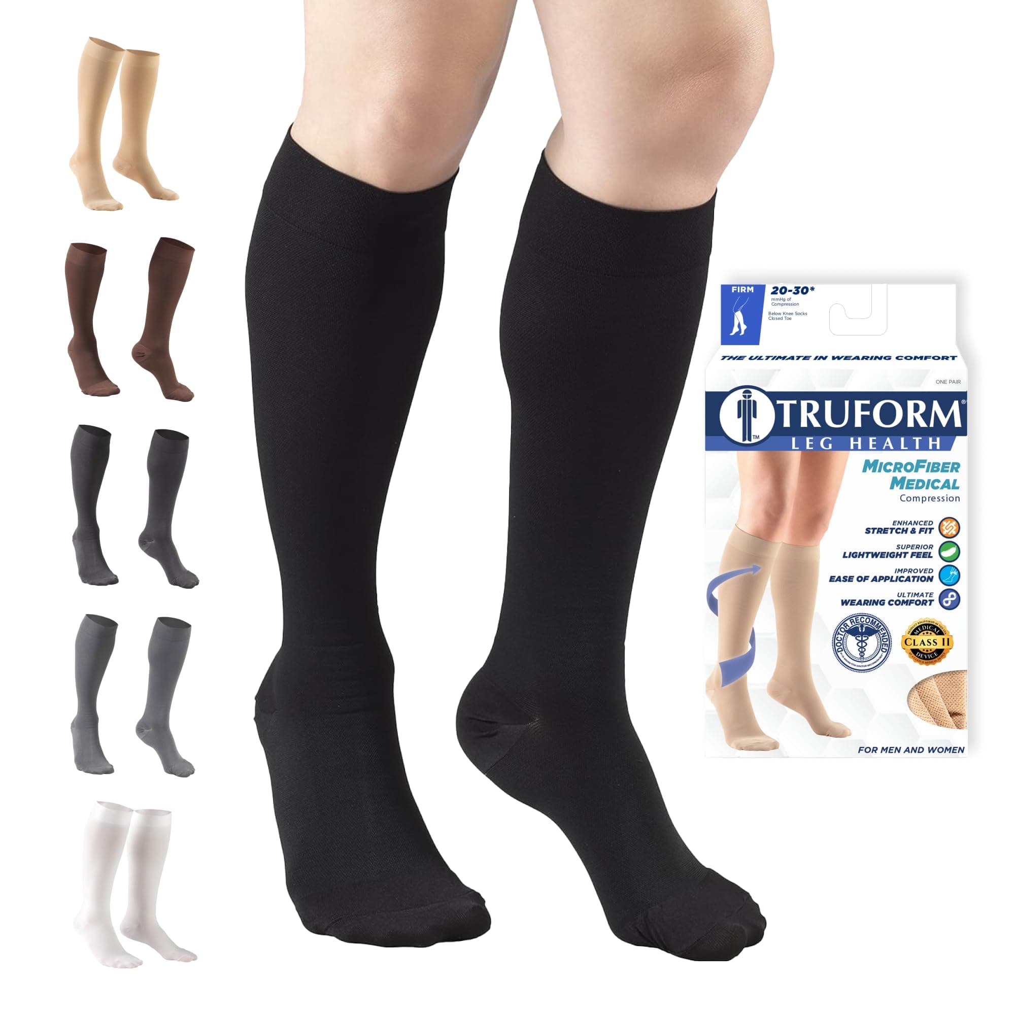 Truform 20-30 mmHg Compression Stockings for Men and Women Knee High Length Closed Toe, Black, Large