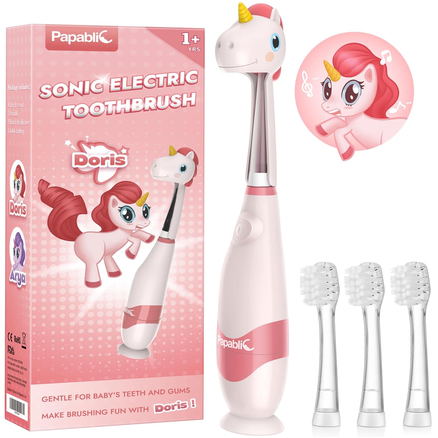 Doris Toddler Sonic Electric Toothbrush with Cute Unicorn Covers for Babies and Toddlers Ages 1-3 Years