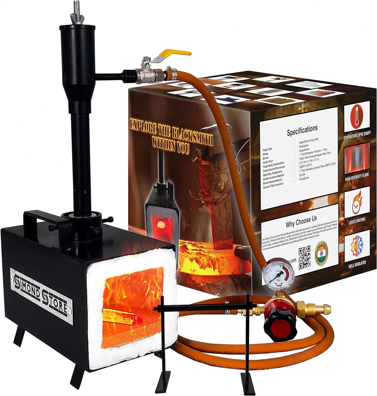 SIMOND STORE - Single Burner Portable Metal Propane Forge - Blacksmith Forge - 2600F Rated, Ideal for Knife Making & Heat Treatment