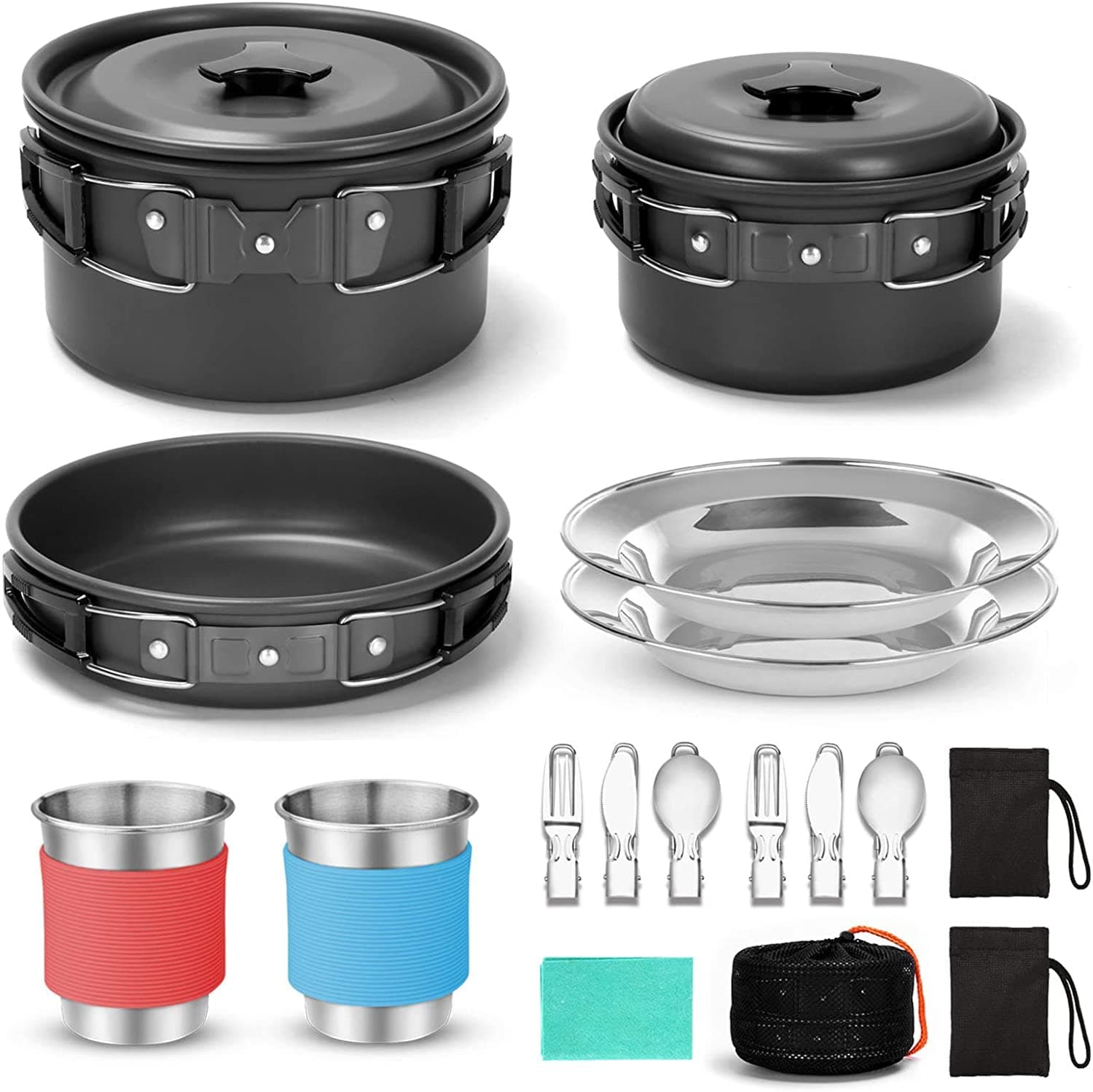 Jaffiust 15 Piece Camping Cookware Mess Kit, Nonstick Lightweight Pot Set with Stainless Steel Cup, Plate, Fork, Knife and Spoon for Camping, Backpacking, Outdoor Cooking and Picnics (Black)