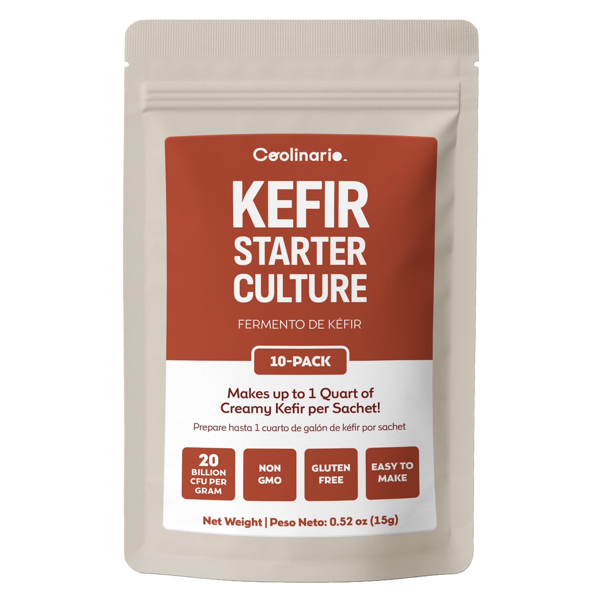 Coolinario Kefir Starter Culture (10-Pack, 1g Sachets) Live Probiotic Cultures for Homemade Kefir | Smooth, Creamy & Tangy | Non-GMO, No Preservatives, Gluten Free, Halal, Kosher