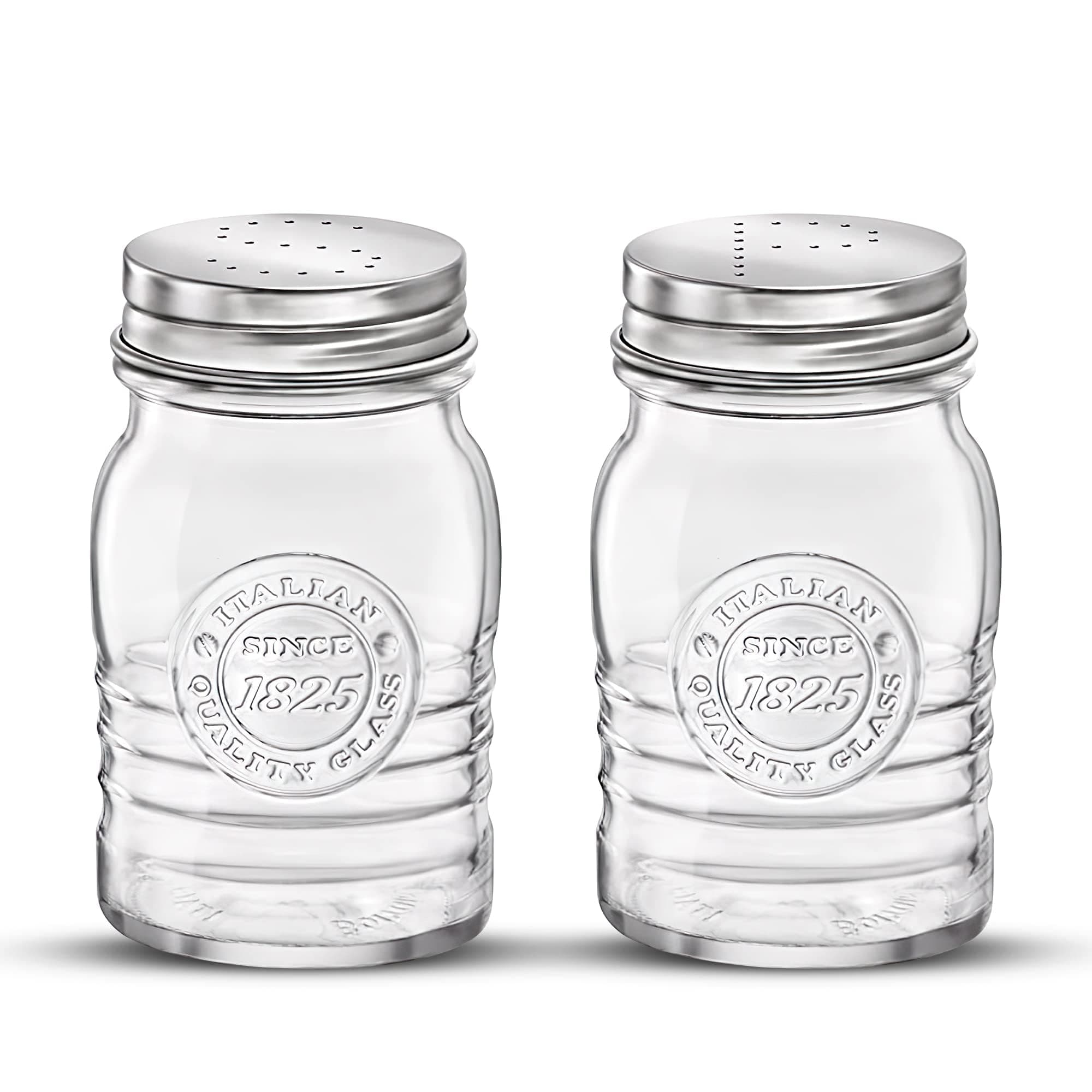 Bormioli Rocco Officina 1825 Salt & Pepper Jars Set of 2-8 Oz. Ribbed Glass Containers with Airtight Metal Lids for Seasoning, Cooking & Dining Table Use - Italian Glass Storage Design