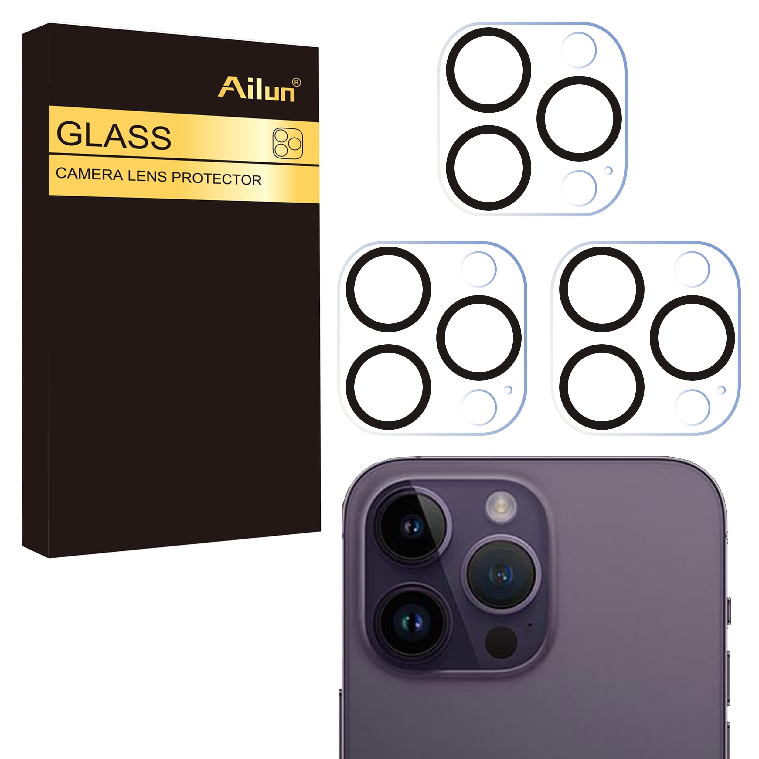Ailun Camera Lens Protector 3 Pack for iPhone 16 Pro 6.3 inch / 14 Pro 6.1 inch & iPhone 16 Pro Max 6.9 inch / 14 Pro Max 6.7 inch Tempered Glass 9H Hardness Scratch Resistant Case Friendly [Does Not