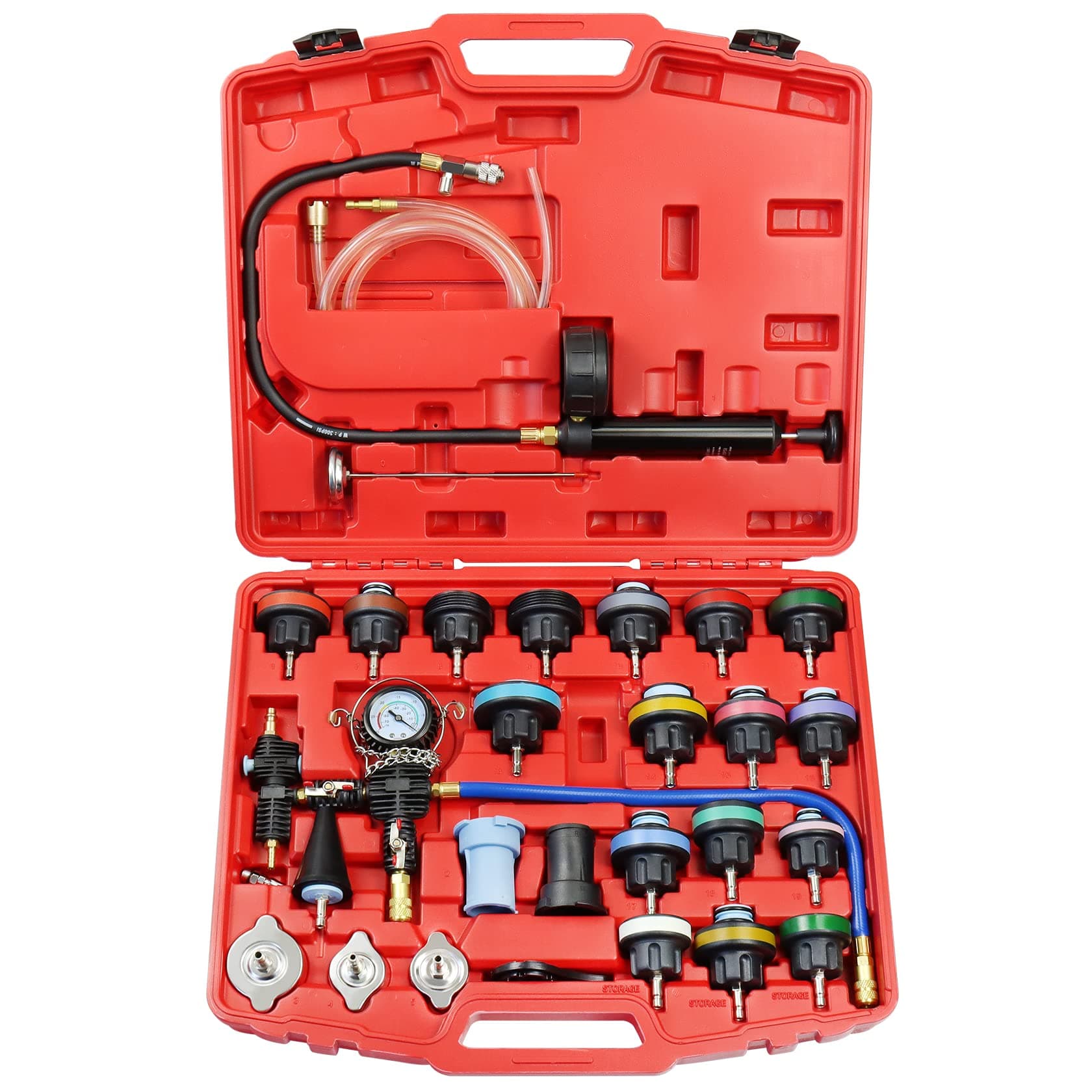 YSTOOL Radiator Pressure Tester Pneumatic Vacuum Type Purge Refill Kit Universal Automotive Cooling System Water Tank Leak Test and Coolant Fill Tool 28PCS Set with Adapters Gauge Red Case