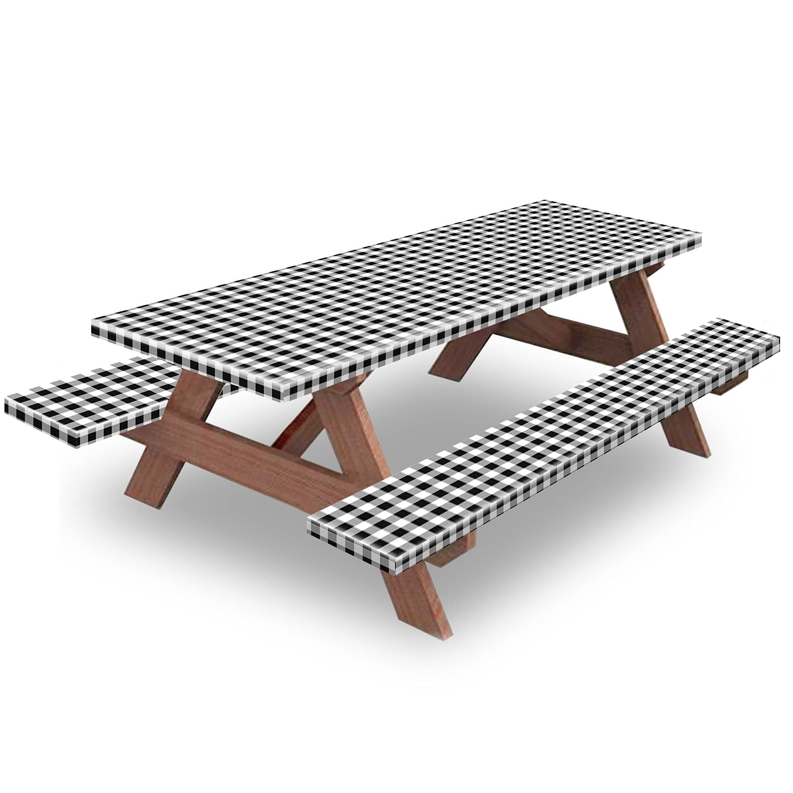 KENOBEE 6ft Picnic Table and Bench Cover, Camping Essentials RV Gear, 72in Waterproof Windproof Outdoor Elastic All Around Tablecloth, Fitted Rectangle Tables and Seats, Black-White Checkered