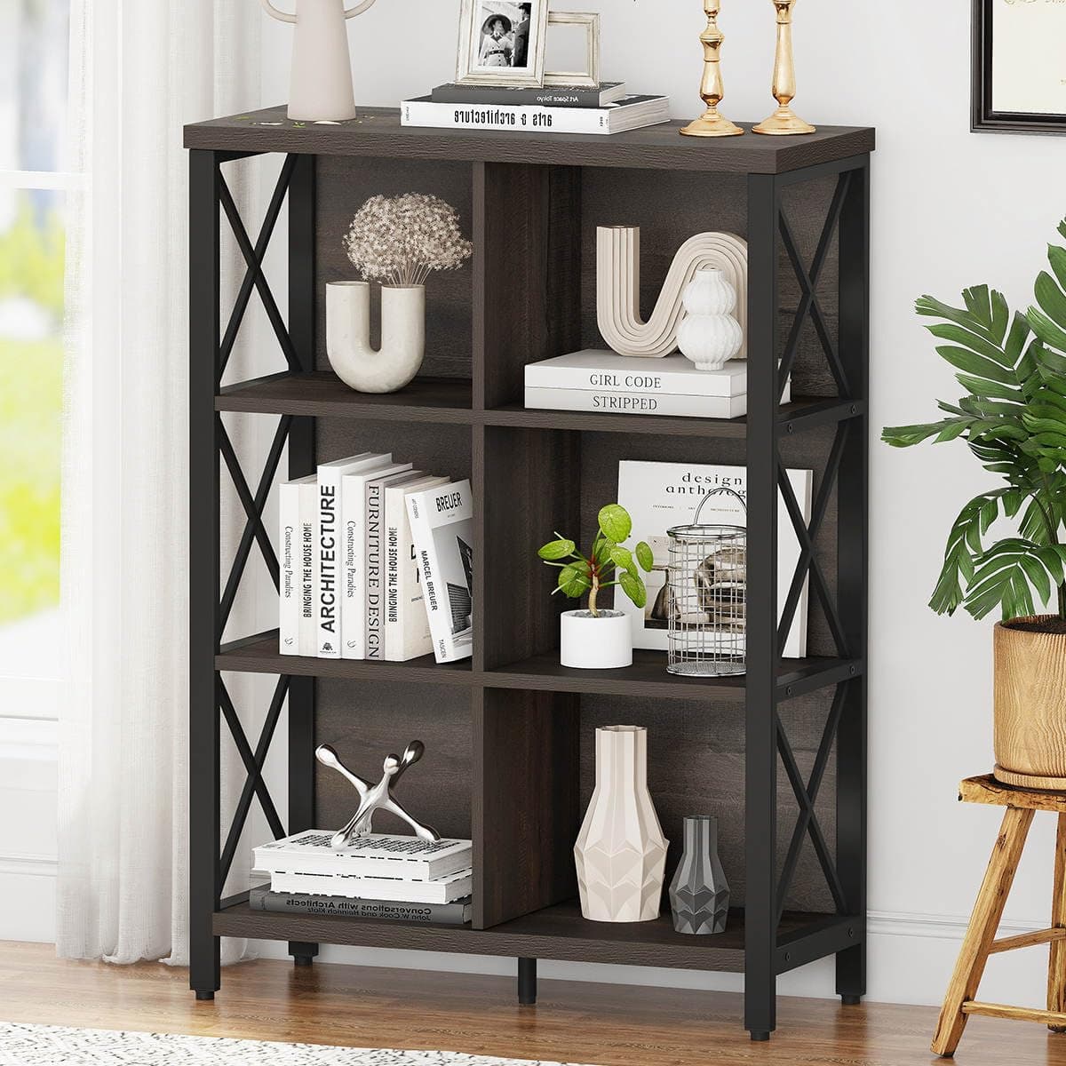 FATORRI 6 Cube Storage Organizer Shelf, Rustic Wood and Metal Cubby Bookcase,...