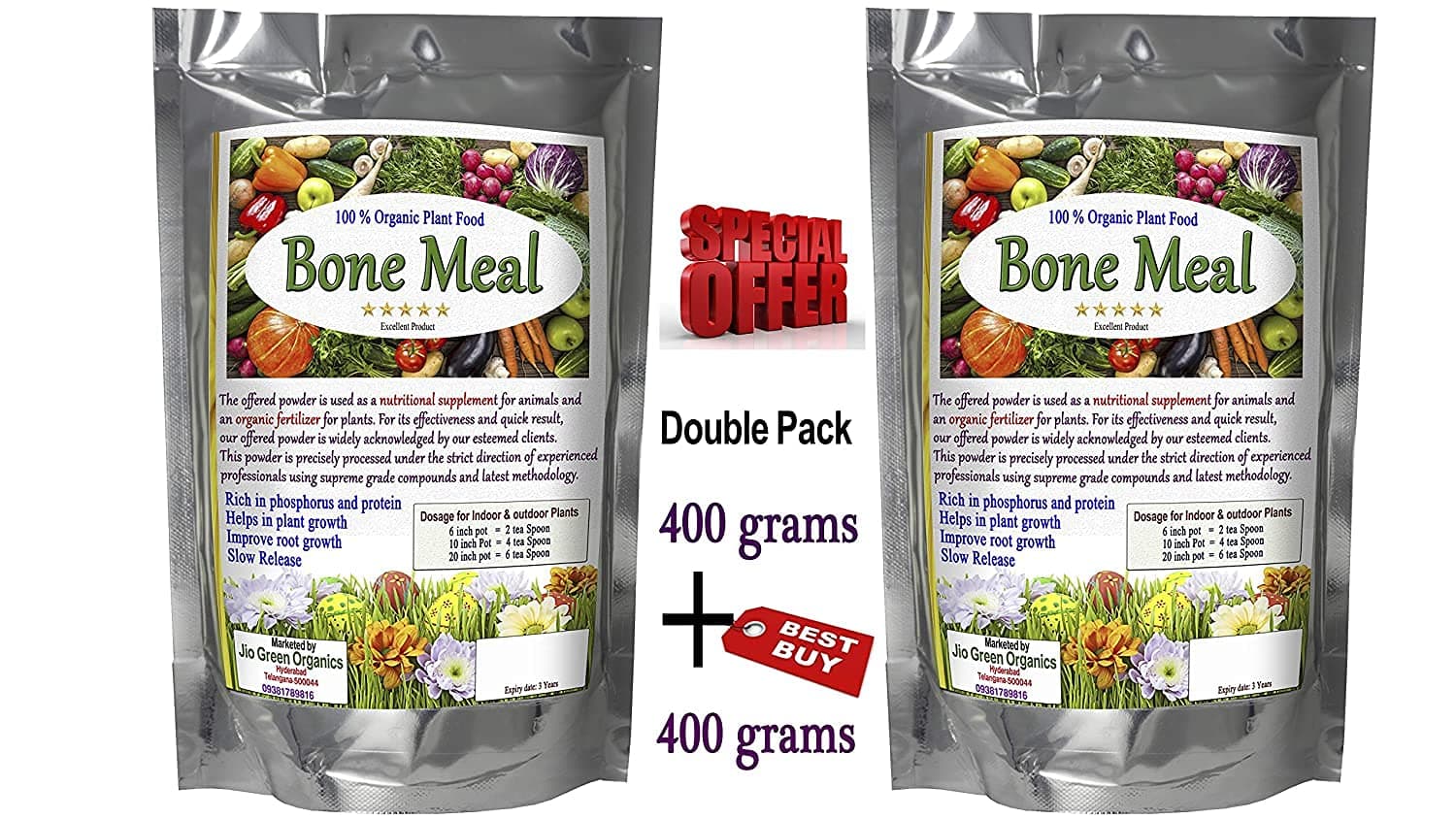 Jio Green garden Store Bone Meal Powder (400 + 400 Grams) 100% Pure & Organic NPK Manure Helps producing Strong Roots, with Increased Fruit and Flower Development and its a Multipurpose Fertilizer