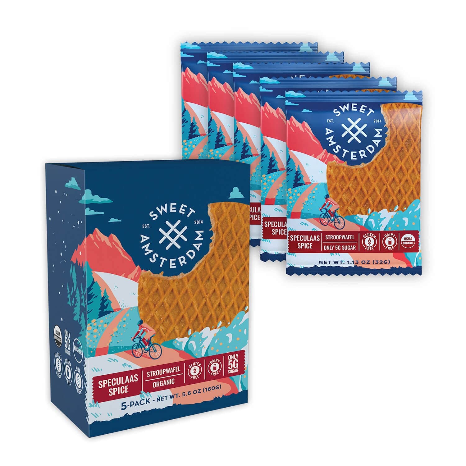 Sweet Amsterdam Stroopwafel Cookies | Gluten Free, Dairy Free, Low Sugar Organic Waffle Snacks | Healthy Biscuits & Wafer Snacks | Speculaas Spice | 5-PACK