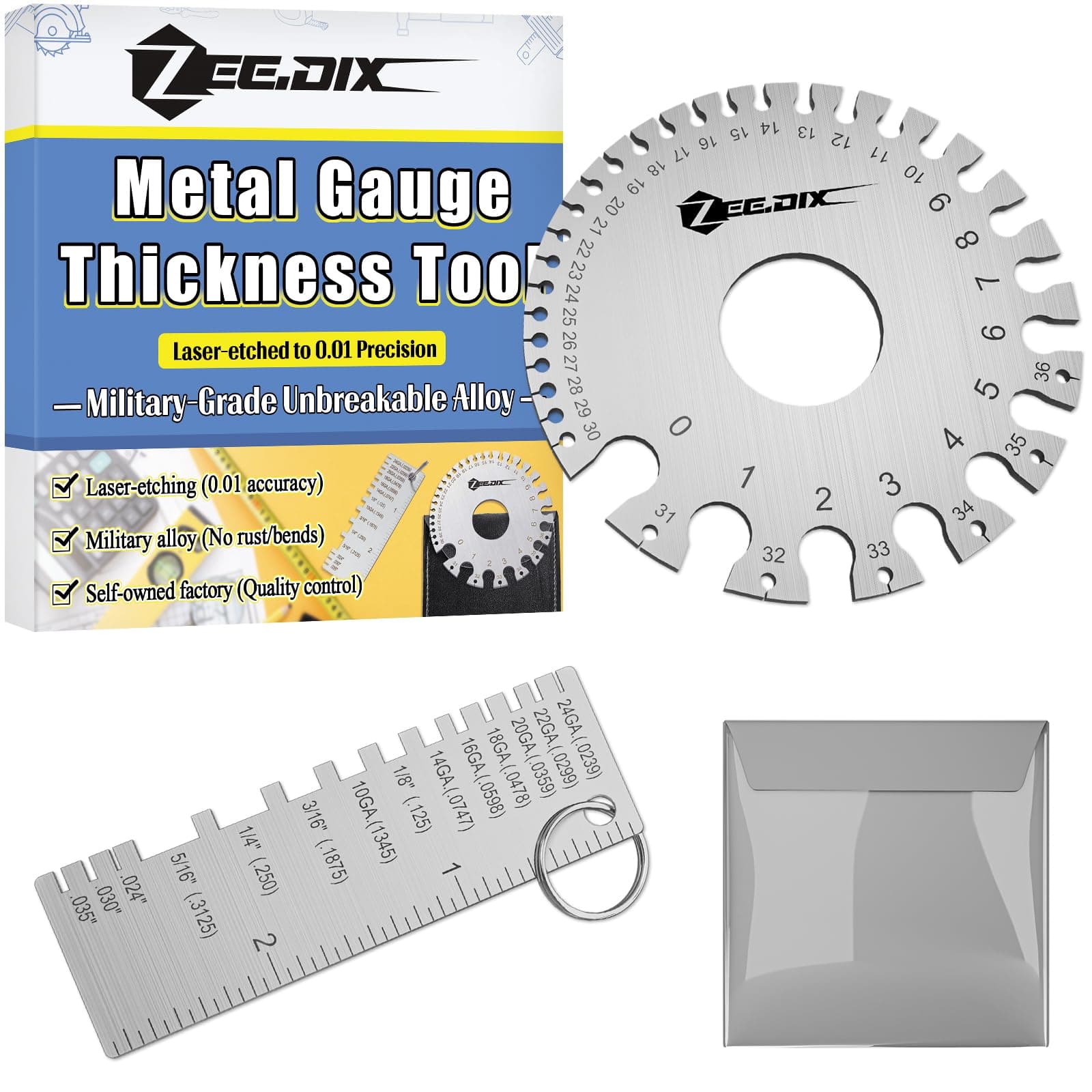 ZeeDix Wire Gauge Measuring Tool (2 Pcs) - Round Dual Sided Metal Sheet Gage & Metal Sheet Thickness Gauge, Stainless Sheet Wire Size Chart & Welding Measurement Tool