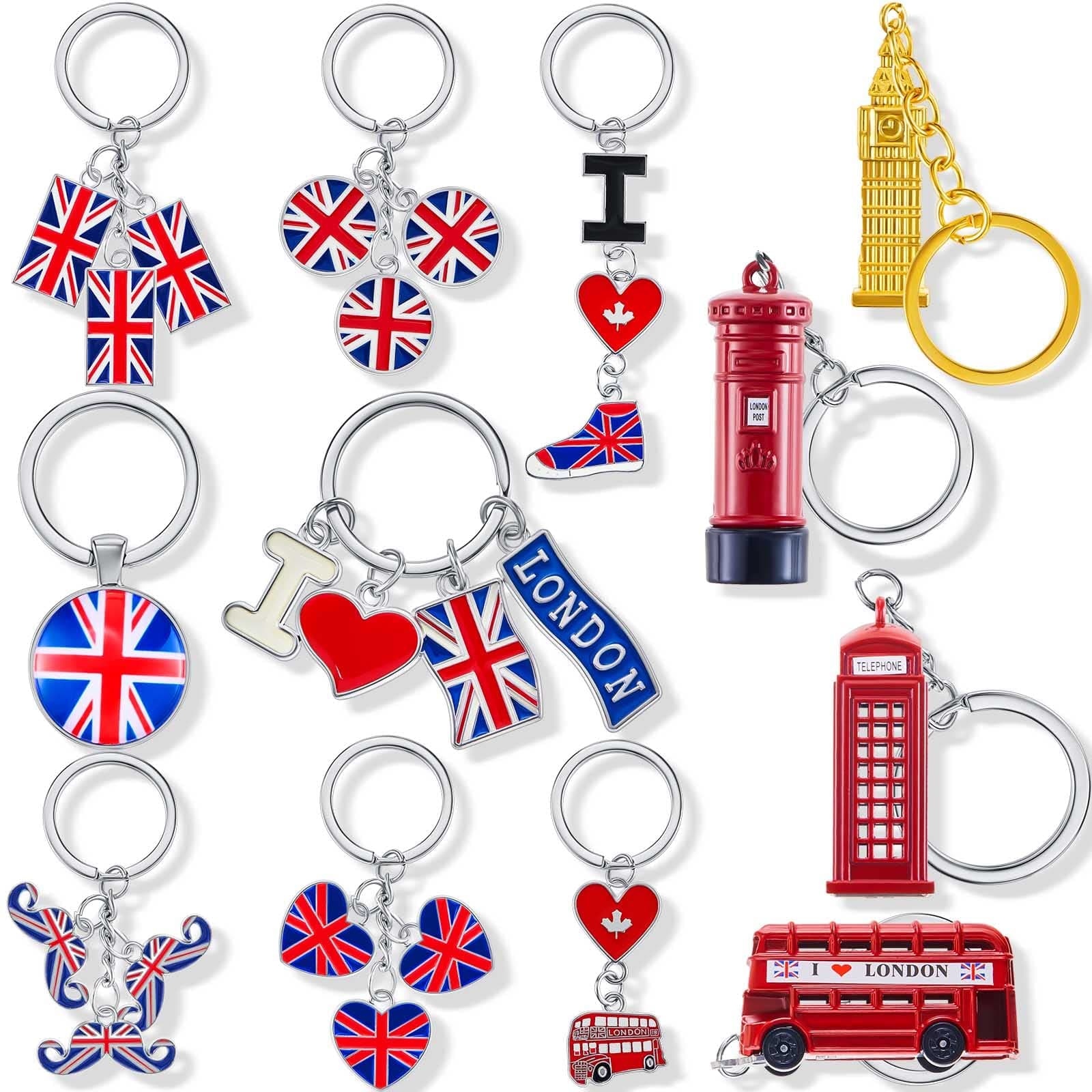 Henoyso 12 Pack London Souvenir Gifts British Landmark Keychains Metal Keyrings with UK Flag Phone Booth Big Ben Double-Decker Bus for Party Decoration Multi Styles