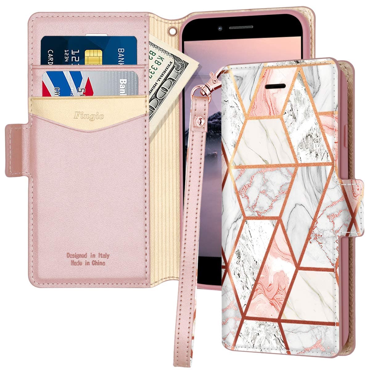 iPhone SE 2022 case,iPhone SE 2020 Case Wallet,Fingic iPhone 8 Case Marble Rose Gold Leather Girl Women Magnetic Closure Strap Kickstand Soft TPU Bumper Fullbody Protective iPhone 7 Case,iPhone 6 Case