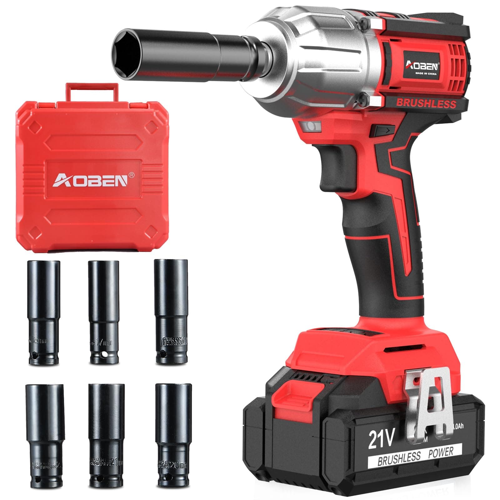 AOBEN21V Cordless High Torque Impact Wrench 1/2 inch, Powerful Brushless Motor with Max Torque 450 ft-lb (600N.m), 4.0Ah Battery, 6 PCS Sockets (17-22mm), Fast Charger and Tool Box