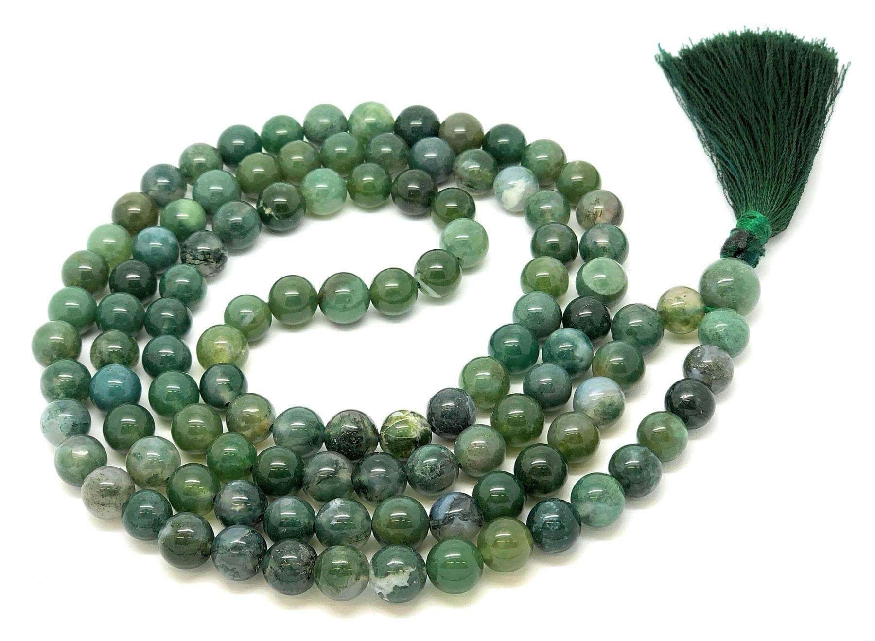 Givereldi Moss Agate Mala Beads Necklace Bracelet 108 beads 6 mm wide - sitting back to back plus 1 large guru bead - Prayer, Meditation or Tassel Necklace