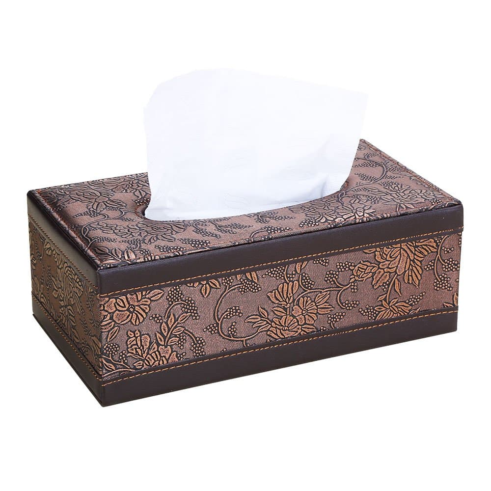 LiLan Facial Tissue Box Cover Holder PU Leather Kleenex Napkin Holder for Home Office, Car Automotive Decoration (Brown Retro Flower)