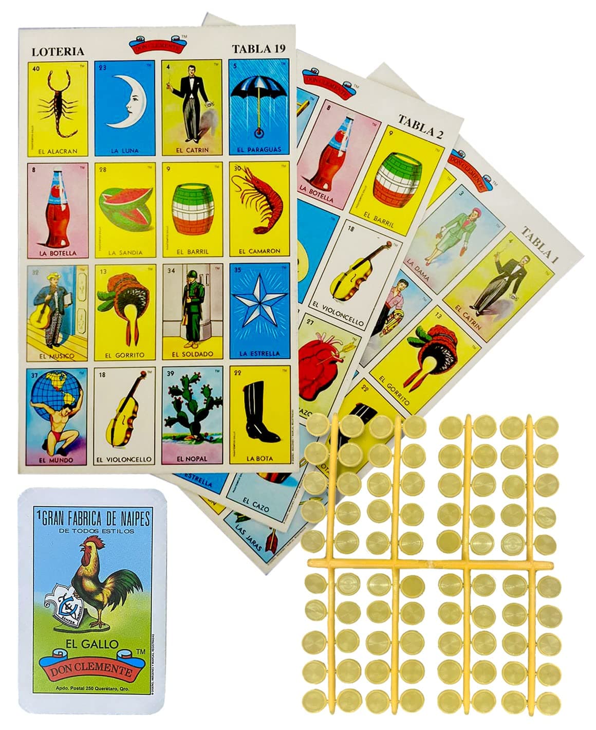 Loteria Mexicana Tradicional Mini Don Clemente 20 Jugadores 160 Fichas - Mexican Bingo Medium Board Game Set 160 Counting Plastic Chips for 20 Players with Deck of 54 Cards and 20 Boards