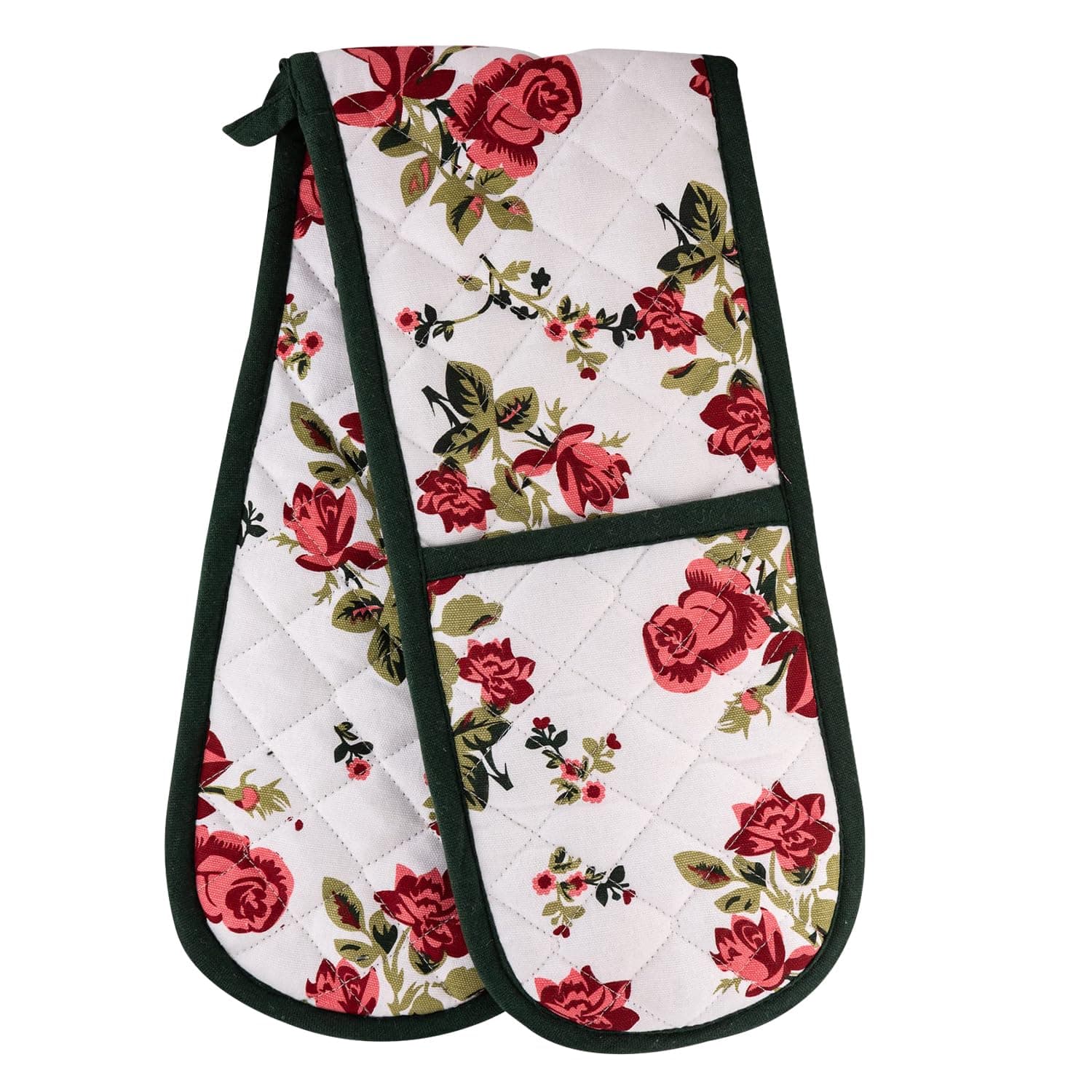 Kitchen BBQ Modern Fun Roses Double Oven Mitts Gloves | Extra Long & Thick, Heat Resistant | Quilted Cloth Attached 1 Piece Oven Gloves | 100% Cotton Pretty Red Rose Flower Pattern Pot Holder