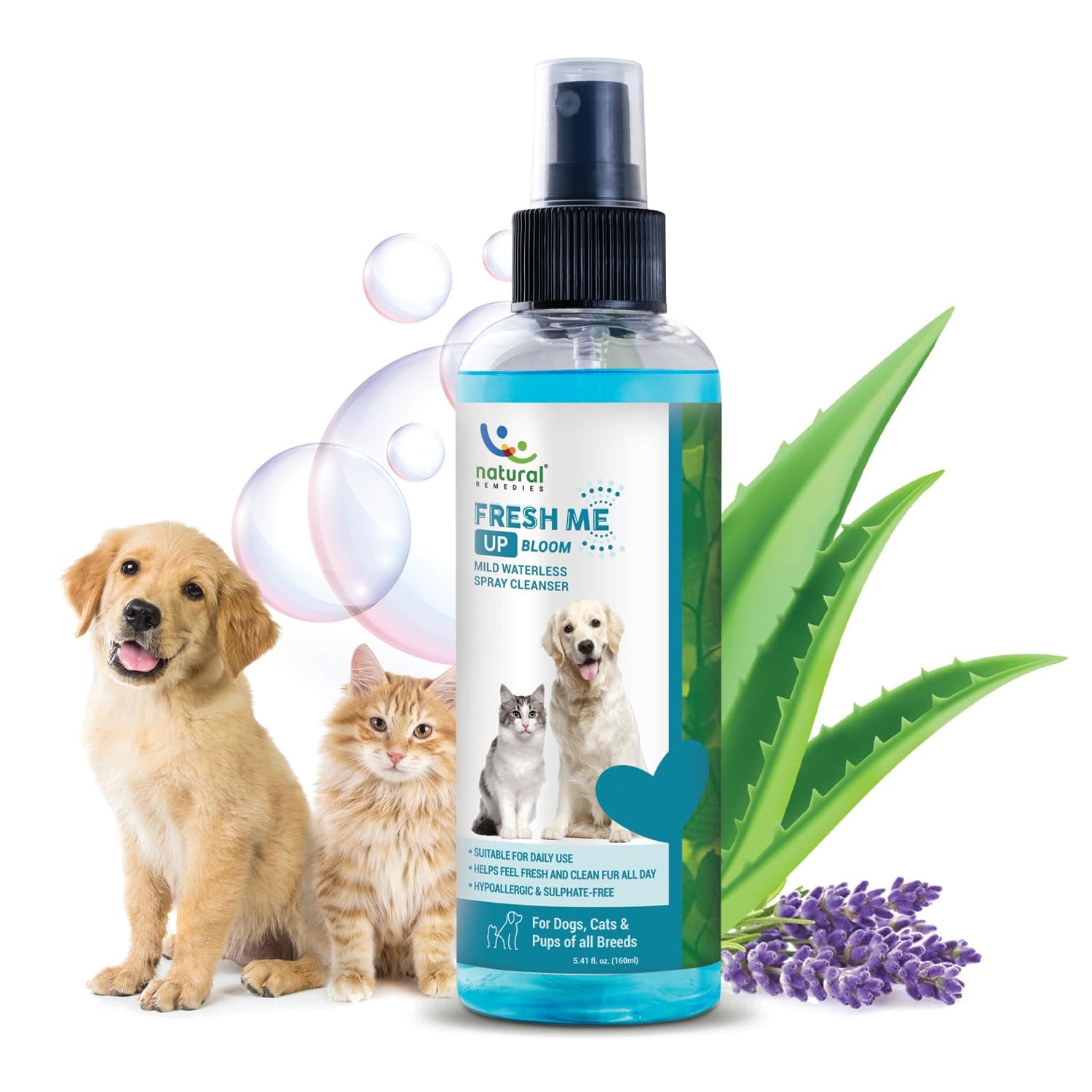 Natural Remedies Fresh Me Up Bloom Mild Waterless Spray Cleanser for Dogs & Cats of All Breeds, Odor Control, Deep Cleans, Hydrates, Pet Grooming Shampoo, Lick Safe, Hypoallergenic, 160ml (Pack of 1)
