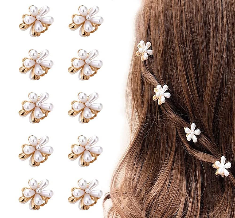 Korean Style Small Pearl Mini Hair Claw Clips with Flower Design, Sweet Artificial Decorative Hair Accessories for Women's Girls Pack of 10 Pcs