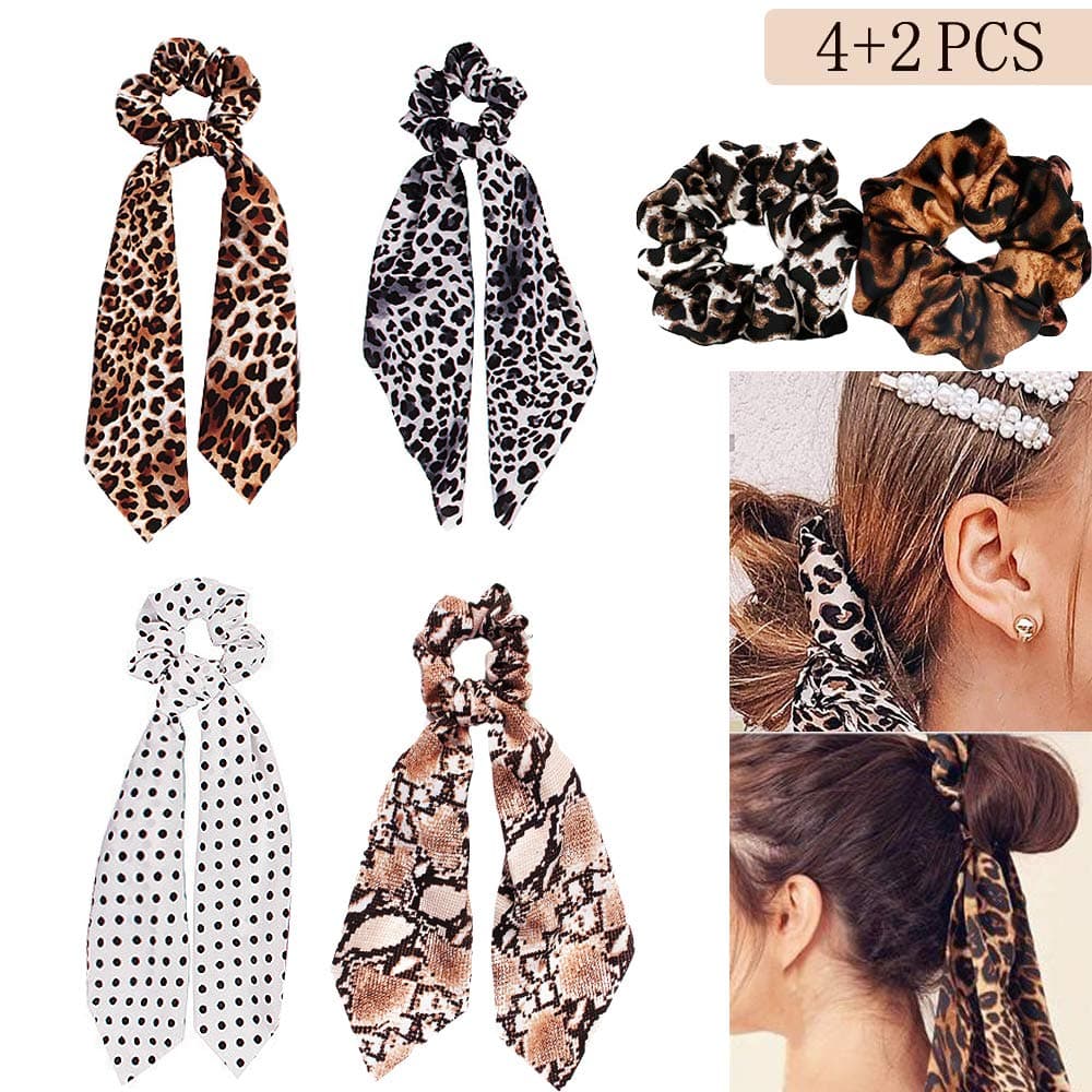 Chiffon Ponytail Hair Scarf Scrunchies - 6 Packs Leopard Print Big & Long Scrunchie Hair Scarf, Leopard Ripple Bun Hair Ties Bobbles, Scarves for Women Girls Bow Ponytail Holder (Leopard Headband - D)