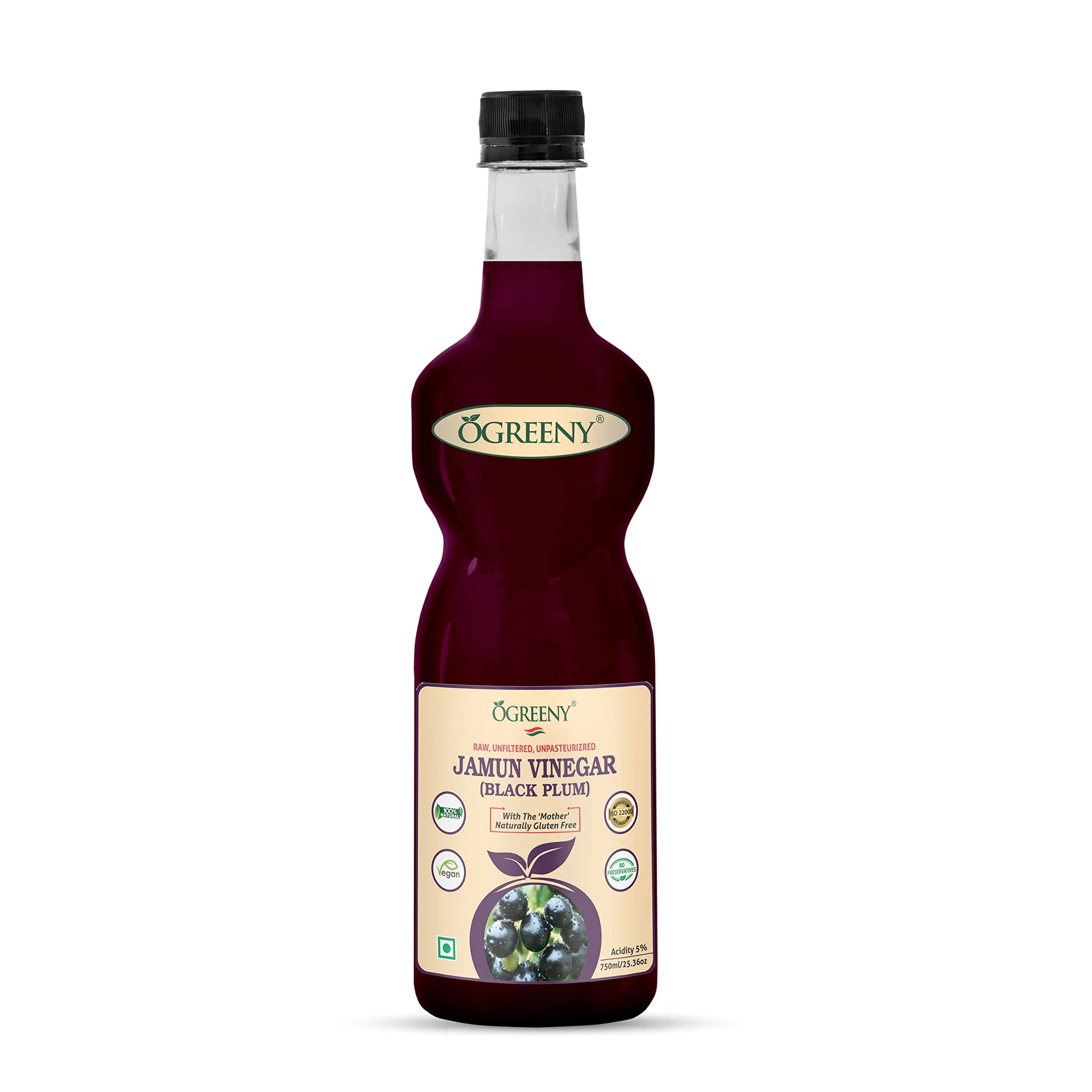 Ogreeny Jamun Vinegar Organic with Mother 750 ml - Raw, Unfiltered (Made with Organic Jamun Fruits)