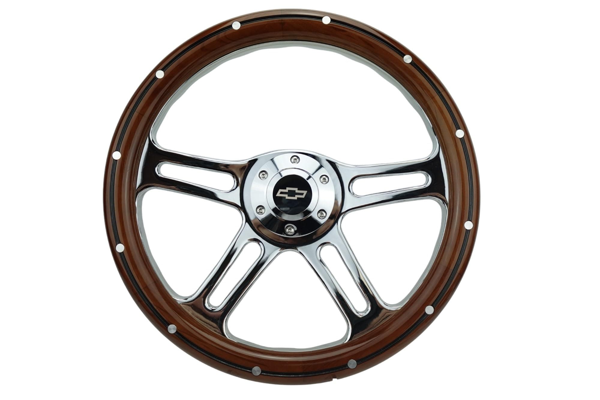 Newworldmotoring 14" Billet Chrome Steering Wheel with Mahogany Wood Half Wrap, Chevy Horn - Classic Car Upgrade, Vintage Style