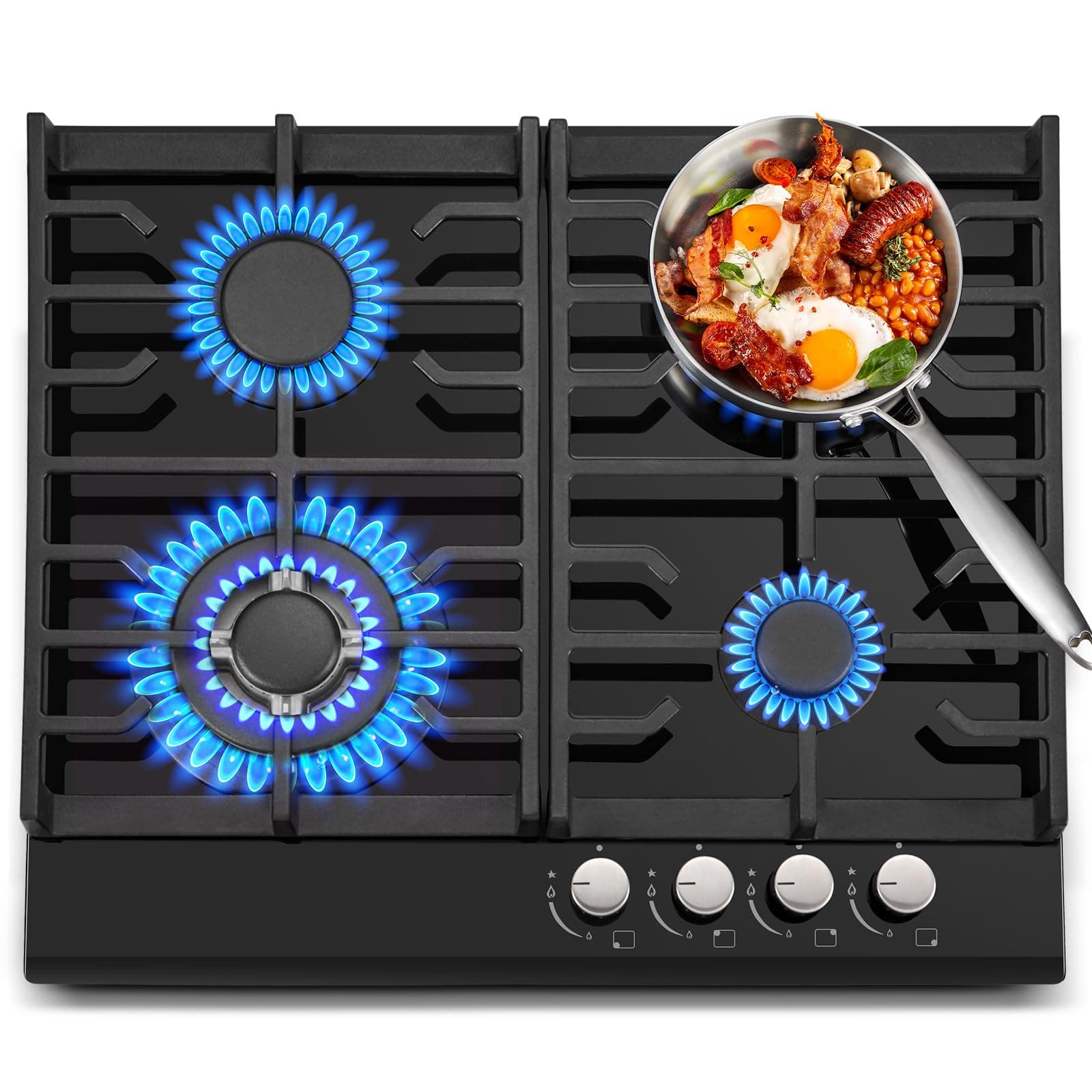 TopStrong Gas Hob 4 burners, 60cm Black Glass Gas Hob, Built in Cooktop with Cast Iron Supports, NG/LPG Convertible, Flame Out Protection