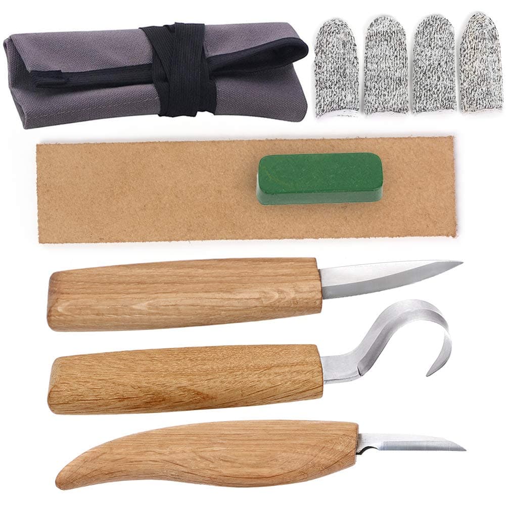Wood Carving Tool Set - Sloyd Whittling Knife | Chip Detail Knife | Hook Knife for Spoon Carving, with Leather Strop Polishing Compound, High-Strength Steel Woodworking Carving Kit (6 Pcs)