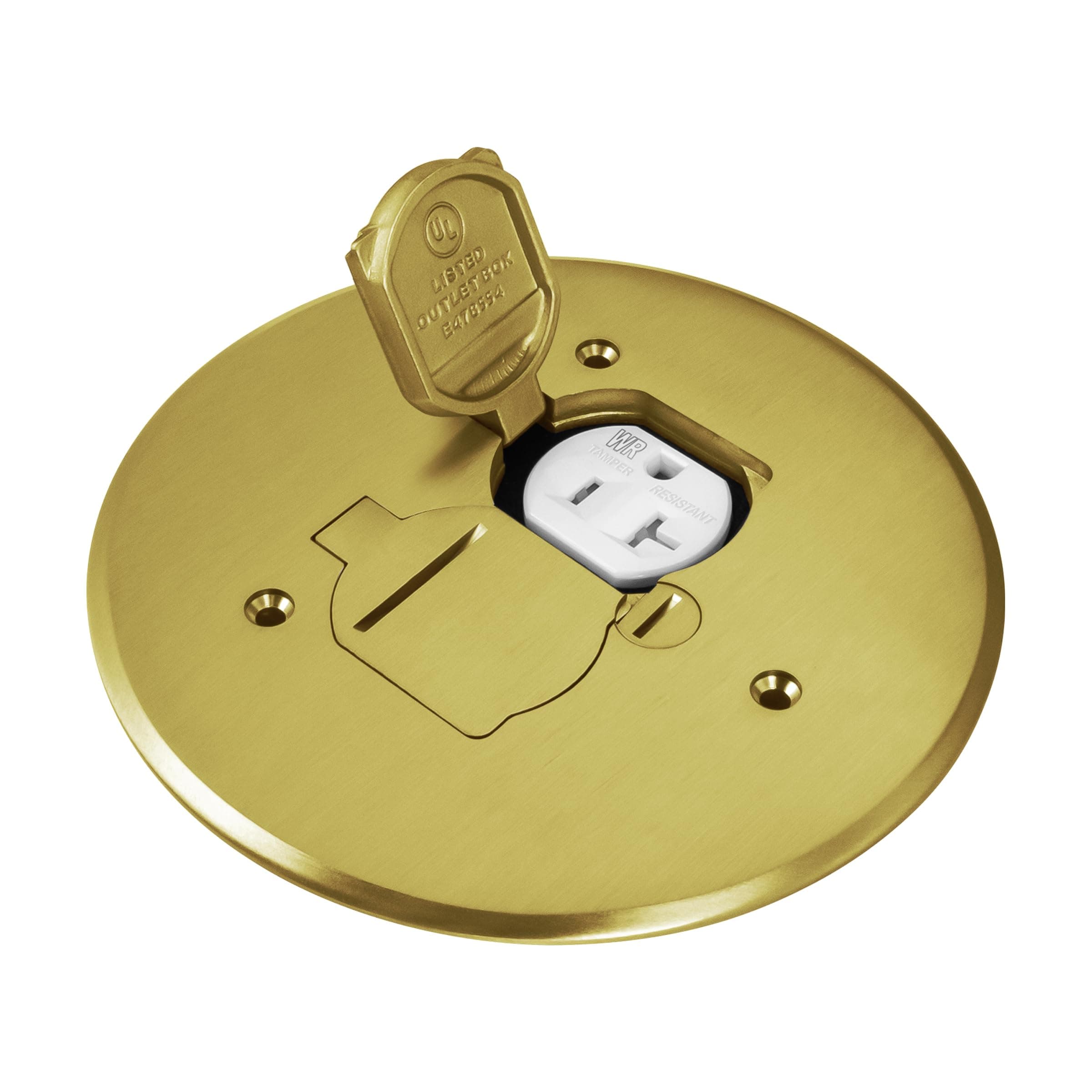 Dual Flip Lid Floor Box Cover, 5.625" Diameter, 1 Gang, 20A Tamper-Weather Resistant Type A 2-Pin Outlet, Watertight Gaskets, UL Listed, Brass, 975517-C